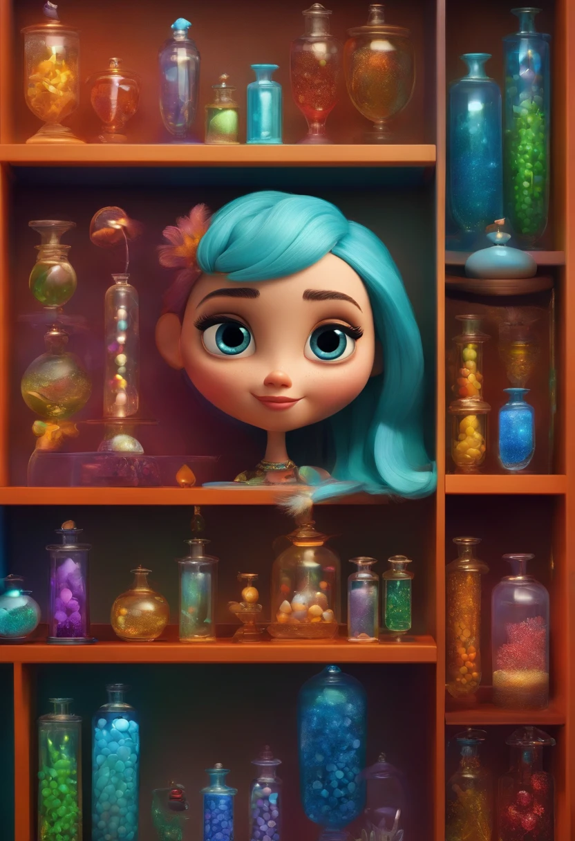 A collector of ideas inspired by Pixar animation, de perto. She is surrounded by a collection of magic vials, each containing a unique idea. The focus is on the character, with a captivating facial expression, Against a backdrop of shimmering, cores efervescentes.