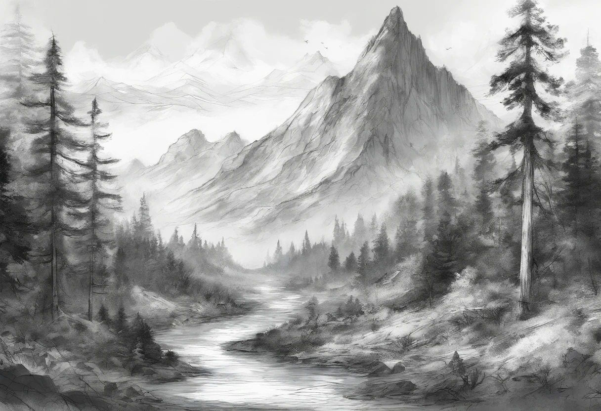 Mountain landscape, Deciduous forest, mountain peaks, River, charcoal sketch, Very detailed and detailed