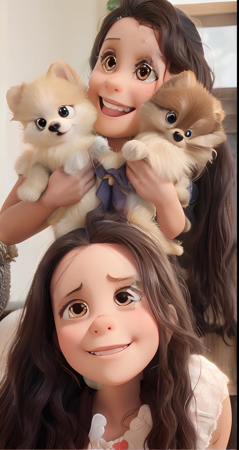 Lulus Pomeranian Male Babies Small Style Disney Pixar Character, In the arms of a woman with long straight hair, sorrindo, Brown eyes and a child with long wavy hair.