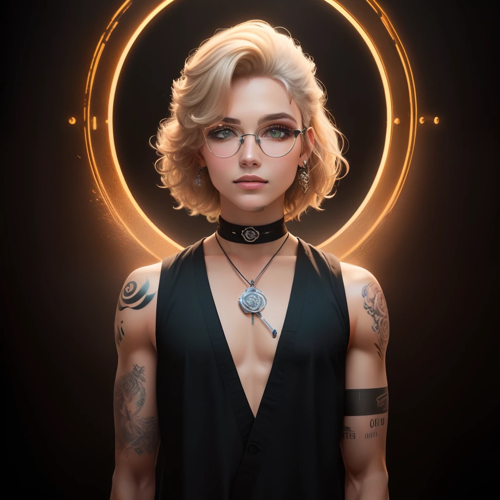 Quero uma imagem com o estilo da Disney Pixar 3D.  A Creative Image of a Design Creation Studio, com a logotipo Lunart, representada por uma meia-lua de cor roxa. Na frente, uma mulher parda com os cabelos ondulados, piercing no nariz do lado esquerdo, bocas carnudas e olhos castanhos. O homem do lado, pardo, meio careca, eyeglass, Tattoo on the neck of a rose, estilo oldschool.