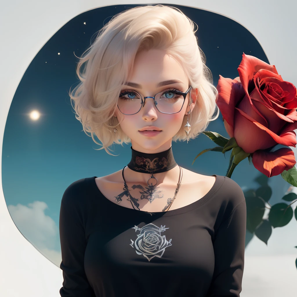 Quero uma imagem com o estilo da Disney Pixar 3D. A Creative Image of a Design Creation Studio, com a logotipo Lunart, representada por uma meia-lua de cor roxa. Na frente, uma mulher parda com os cabelos ondulados, piercing no nariz do lado esquerdo, bocas carnudas e olhos castanhos. O homem do lado, pardo, meio careca, eyeglass, Tattoo on the neck of a rose, estilo oldschool.