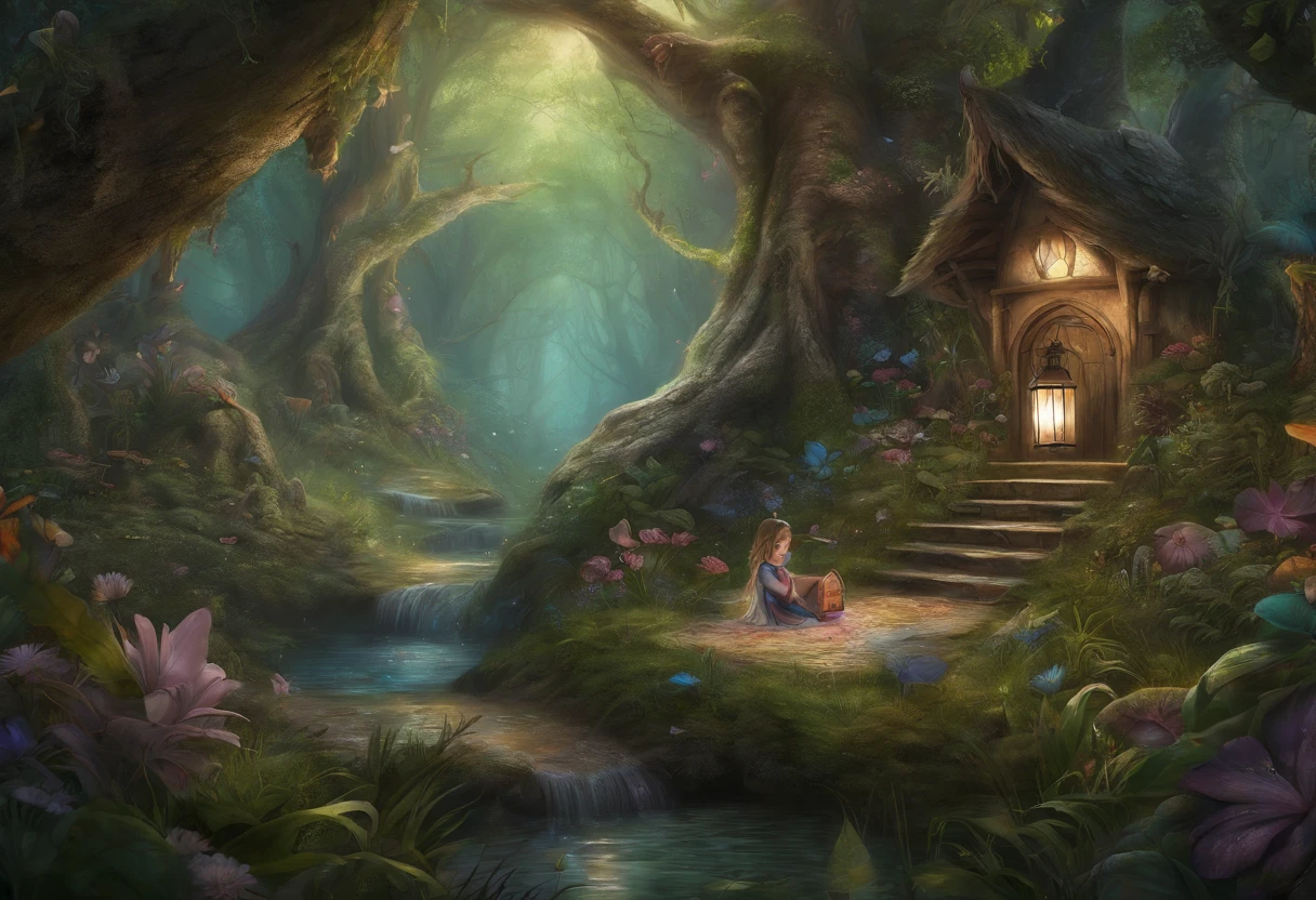 a drawing,A woman sits in the forest with a lantern, enchanted magical fantasy forest, an enchanted forest, psychedelic forest, intricate fantasy painting, fantasy artrealistic painting, Fantasy painting, magical fantasy forest, fairy tale forest, an enchanted forest, magic fairy forest, fantasy oil canvas, magic fantasy highly detailed, Fantasy Forest, Inspired by Josephine Wall, fantasy highly detailed