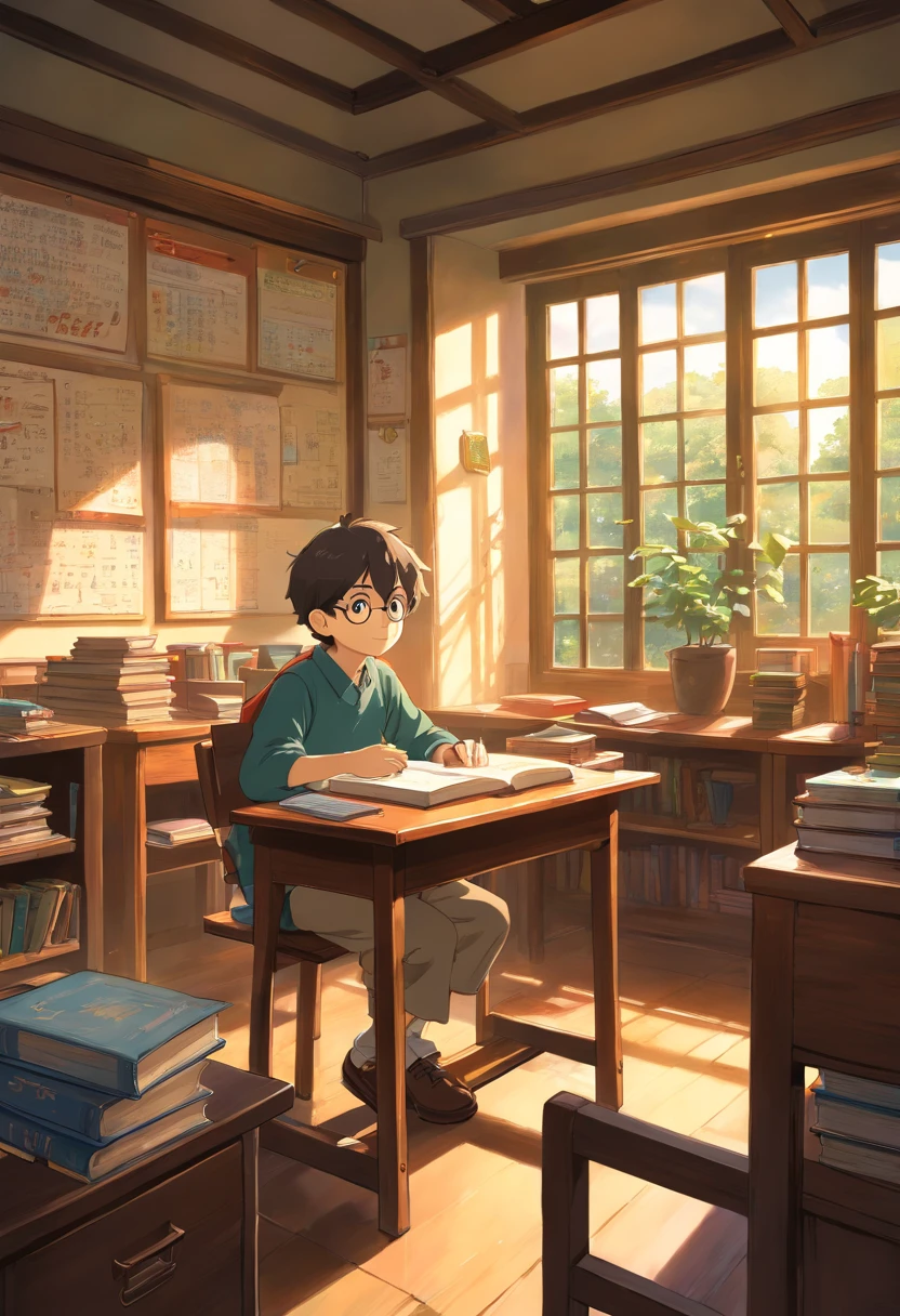 A boy in classroom, Study desk,blackboards, book case,Sunlight outside the window