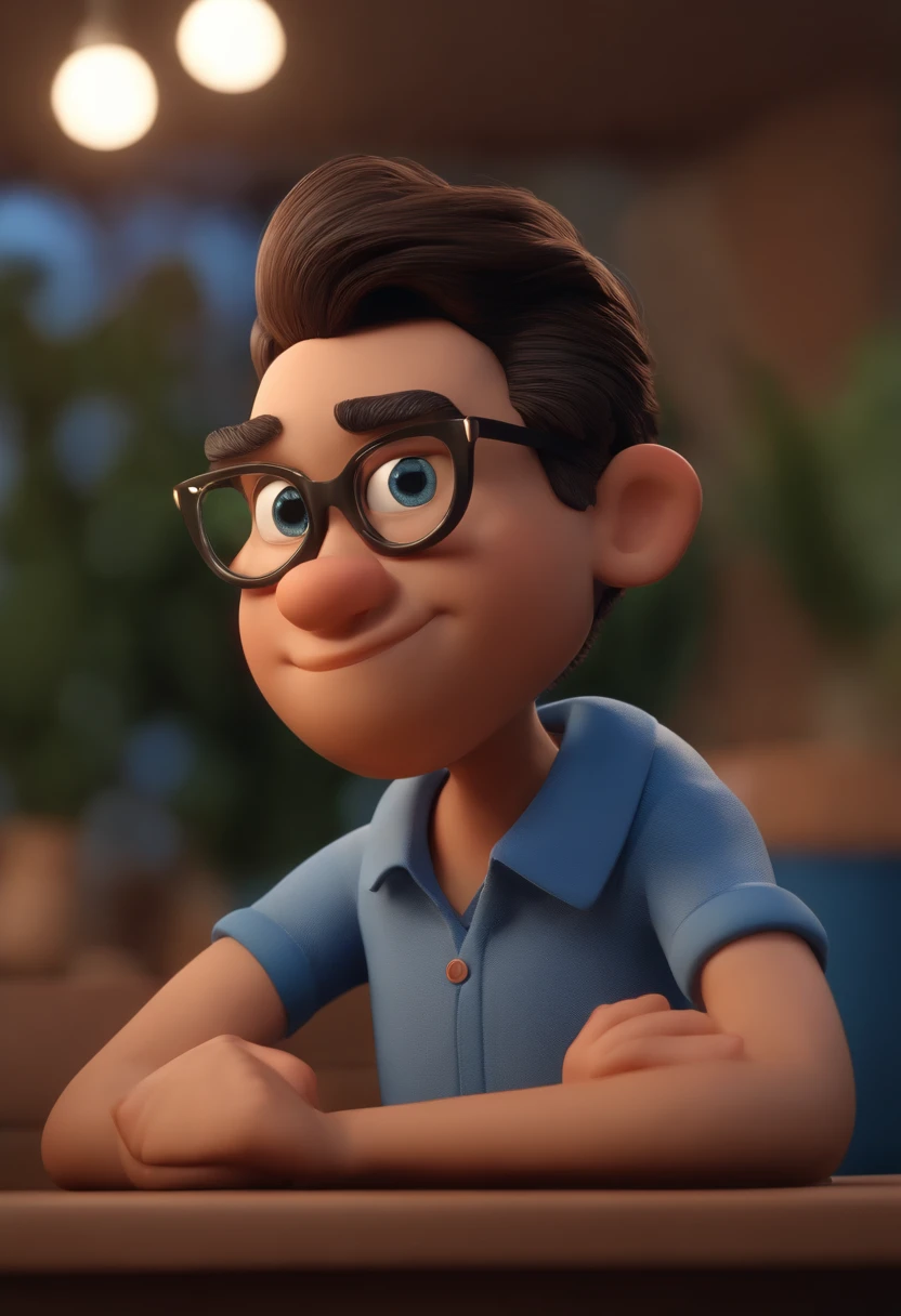 Cartoon character of a man with black glasses, cabelo cacheado marrom escuro e uma camisa azul, animation character, Caractere estilizado, animation style rendering, 3D estilizado, Arnold Maya render, 3 d render stylized, toon render keyshot, Personagem 3D, Personagem 3D, 3d rendering stylized, 3 d character render, personagem de desenho animado, Personagem de close up, Pose de personagem, (Estilo Pixar) (master part:1.2) (Bokeh) (best quality) (pele detalhada) (textura detalhada) (8k) (argila) (Cinematic lighting) (foco nítido