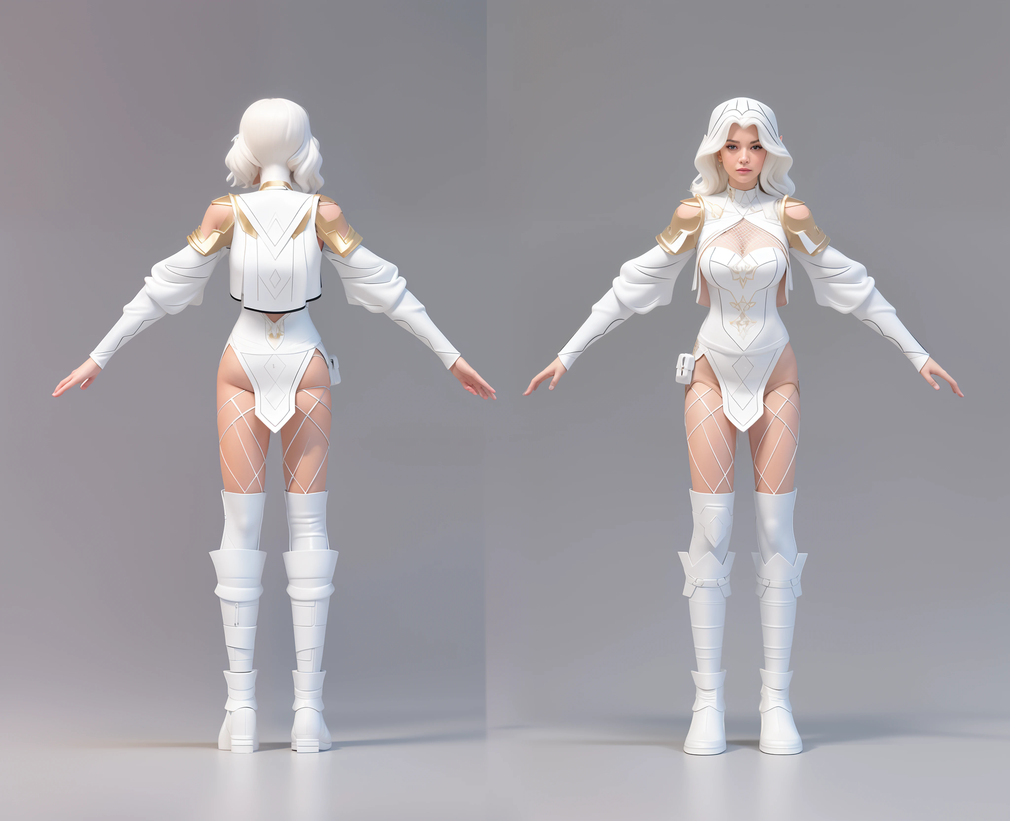 (Masterpiece, best quality: 1.2), (Super detailed), (Illustration), detailed face, a close up of a person in a adventure costume, detailed full body concept, full body concept, detailed full body concept art, full body details, full body character concept, new costume concept design, full body concept art, elf style character, full body character concept art, detailed character design, character sheet, character model sheet turnaround , fullbody shot turnaround, reference model sheet, full character body, 3 d character reference sheet, anime vtuber full body model, high quality model sheet, full body details, character design sheet, detailed full body concept, detail face, front and back, white shirt, net stocking, steel knee pad, white shoe, white costume,