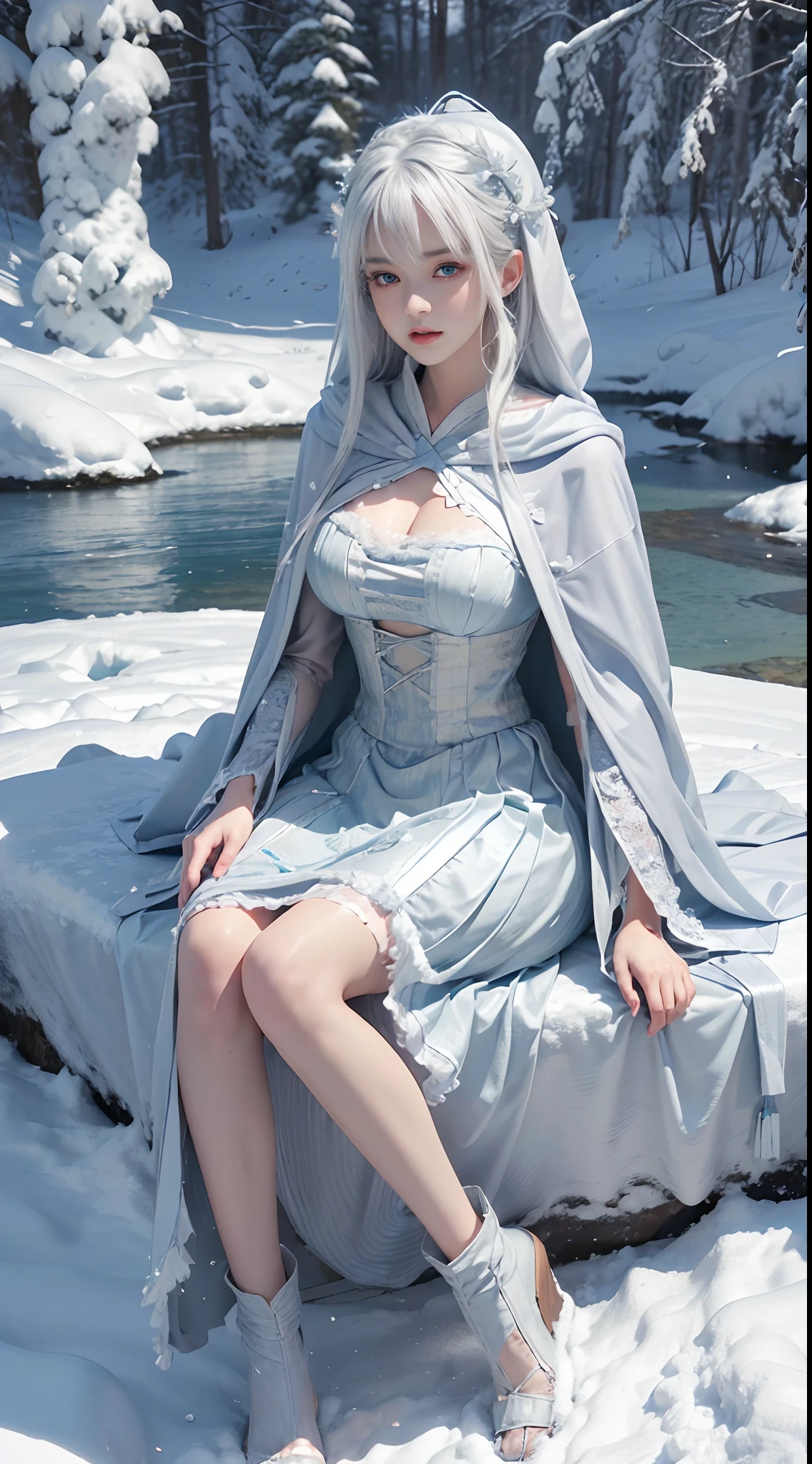 (8K, RAW photo, Photorealistic:1.4)， high resolution, 1 Women, Solo,。.。.。.。.。.3D， Hips up,(ta costume)，Wear a flowing skirt， Beautiful eyes, White hair, ringed eyes, (sitted，Cloak，Heavy snow)，snowfield，(full bodyesbian:1.5)