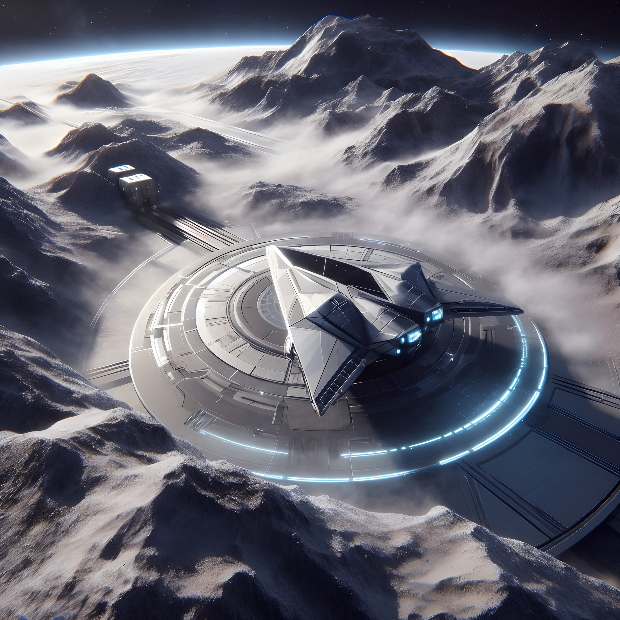 spaceship flying over a mountain with a futuristic spaceship in the background, futuristic base, star citizen halo, aurora spaceship environment, star citizen origin 100i, futuristic space port, space ship above an island, 8 k high detail concept art, star citizen digital art, star citizen, futuristic setting, scifi base, 3 d render of a scifi spaceport