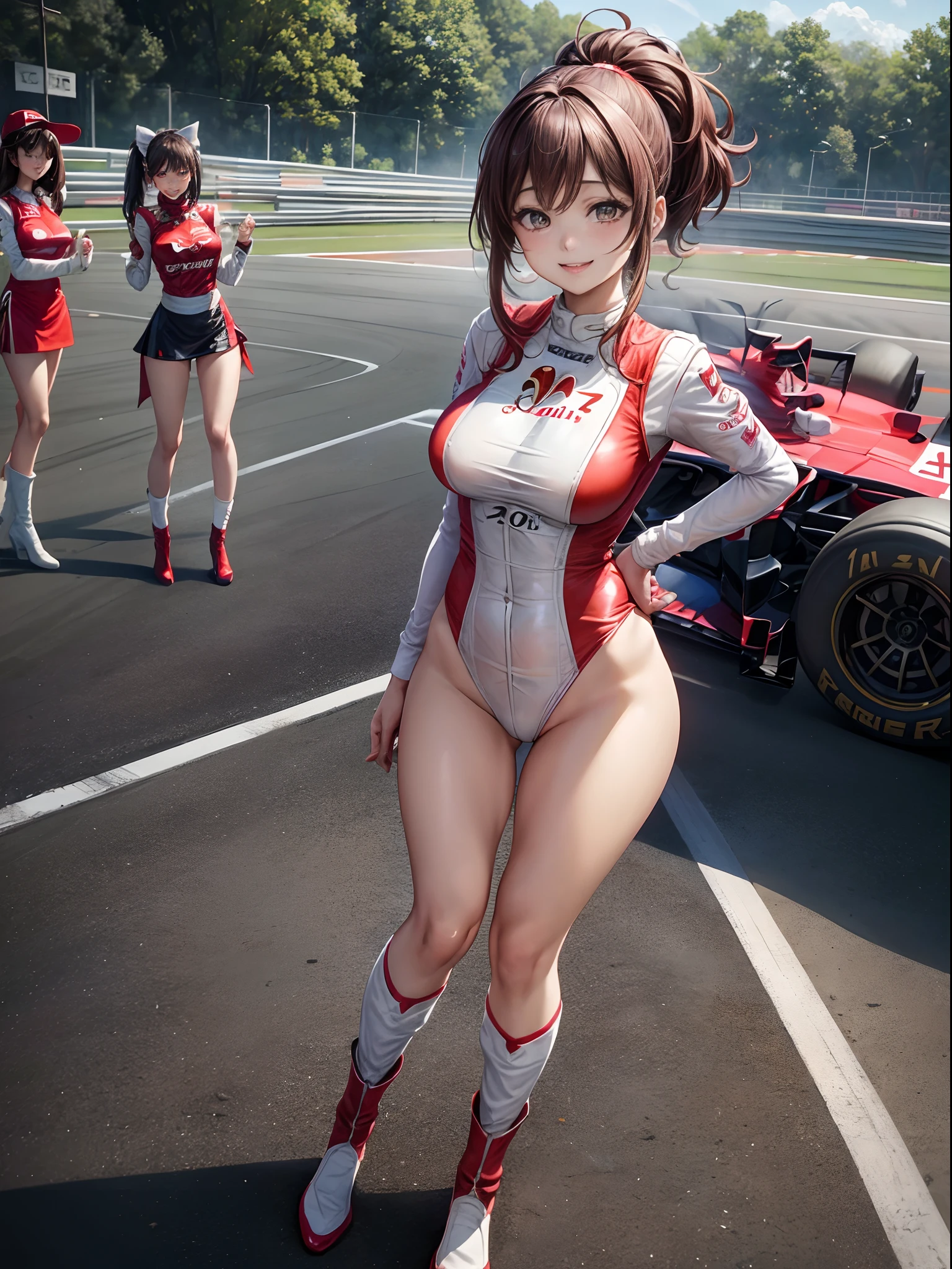 top-quality、Full limbs、complete fingers、1girl、((one beautiful women、独奏))、Beautiful Large Breasts、Medium hair、poneyTail、Race Queen Costume、Woman in red and white leotard with logo、Red arm cover、Tricolor parasol、Woman in long white boots、((F1 Circuit、Formula 1、F1、racing car))、Naughty Poses、A big smile