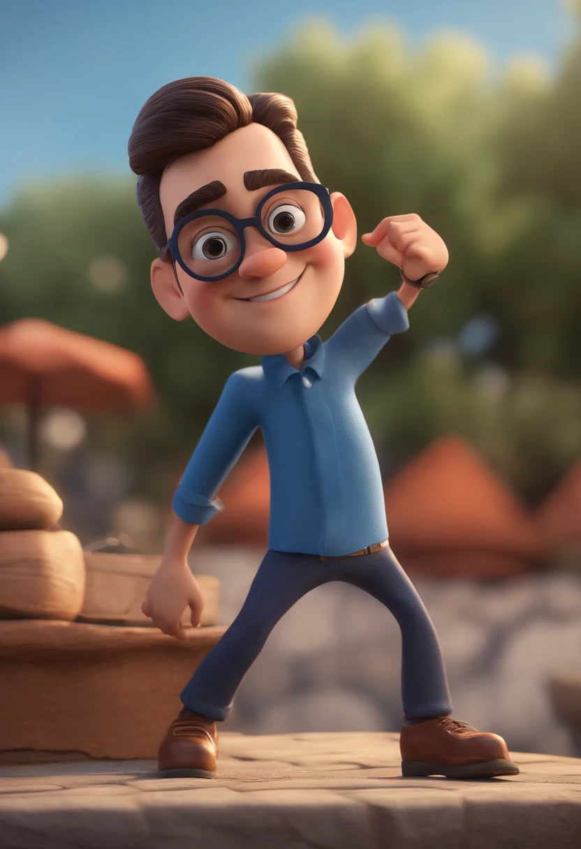 Cartoon character of a man with black glasses and a blue shirt, animation character, Caractere estilizado, animation style rendering, 3D estilizado, Arnold Maya render, 3 d render stylized, toon render keyshot, Personagem 3D, Personagem 3D, 3d rendering stylized, 3 d character render, personagem de desenho animado, Personagem de close up, Pose de personagem, (Estilo Pixar) (master part:1.2) (Bokeh) (best quality) (pele detalhada) (textura detalhada) (8k) (argila) (Cinematic lighting) (foco nítido