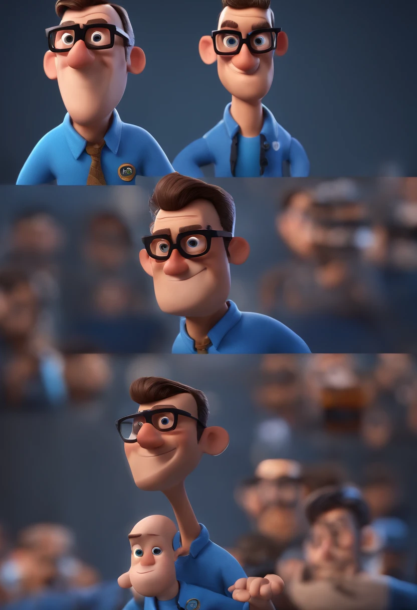 Cartoon character of a man with black glasses and a blue shirt, animation character, Caractere estilizado, animation style rendering, 3D estilizado, Arnold Maya render, 3 d render stylized, toon render keyshot, Personagem 3D, Personagem 3D, 3d rendering stylized, 3 d character render, personagem de desenho animado, Personagem de close up, Pose de personagem,  (Estilo Pixar) (master part:1.2) (Bokeh) (best quality) (pele detalhada) (textura detalhada) (8k) (argila) (Cinematic lighting) (foco nítido