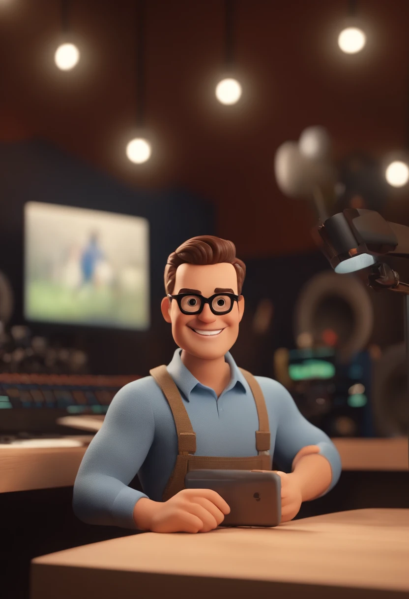 A Pixar-style 3D poster, Captura de uma cena com o fundo de videoaula com um homem de 30 anos, Rosto redondo, corpo magro, branco caucasiano, cabelos negros curto, com a barba inteira branca, with black prescription square glasses, he's happy with an iPhone 15 pro max on a recording studio background with led lights making videos for his students, animation style rendering, 3D estilizado, Arnold Maya render, 3 d render stylized, toon render keyshot, Personagem 3D, Personagem 3D, 3d rendering stylized, 3 d character render, personagem de desenho animado, Personagem de close up, Pose de personagem, (Estilo Pixar) (master part:1.2) (Bokeh) (best quality) (pele detalhada) (textura detalhada) (8k) (argila) (Cinematic lighting) (foco nítido