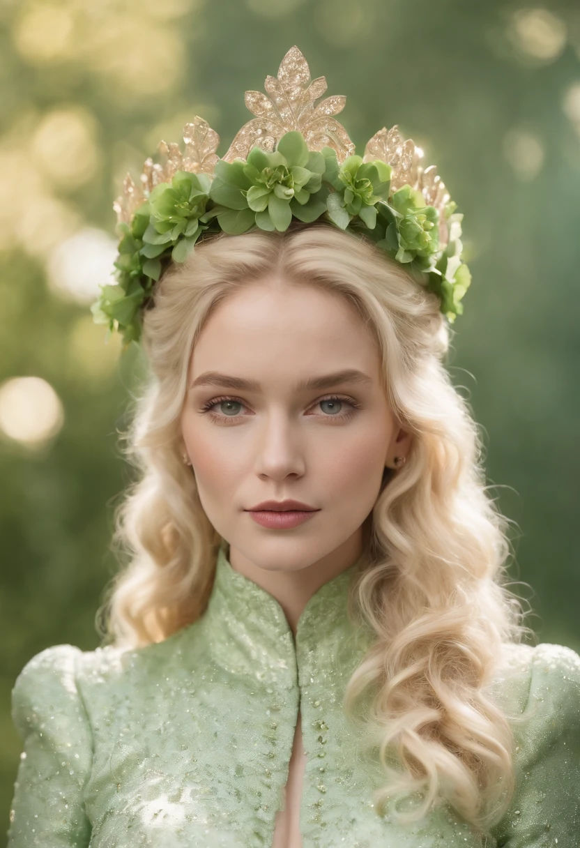 King in a sparkly light green suit covered in flowers with curly blonde hair, bright green eyes, and a tall golden tiara covered in emerald