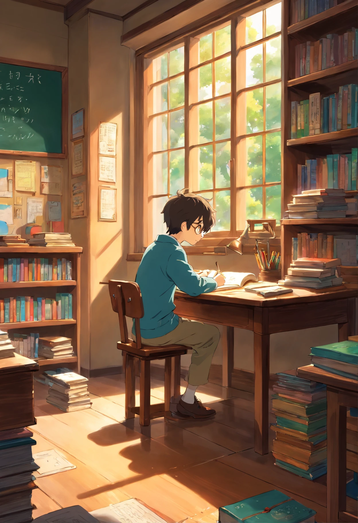 A boy in classroom, Study desk,blackboards, book case,Sunlight outside the window
