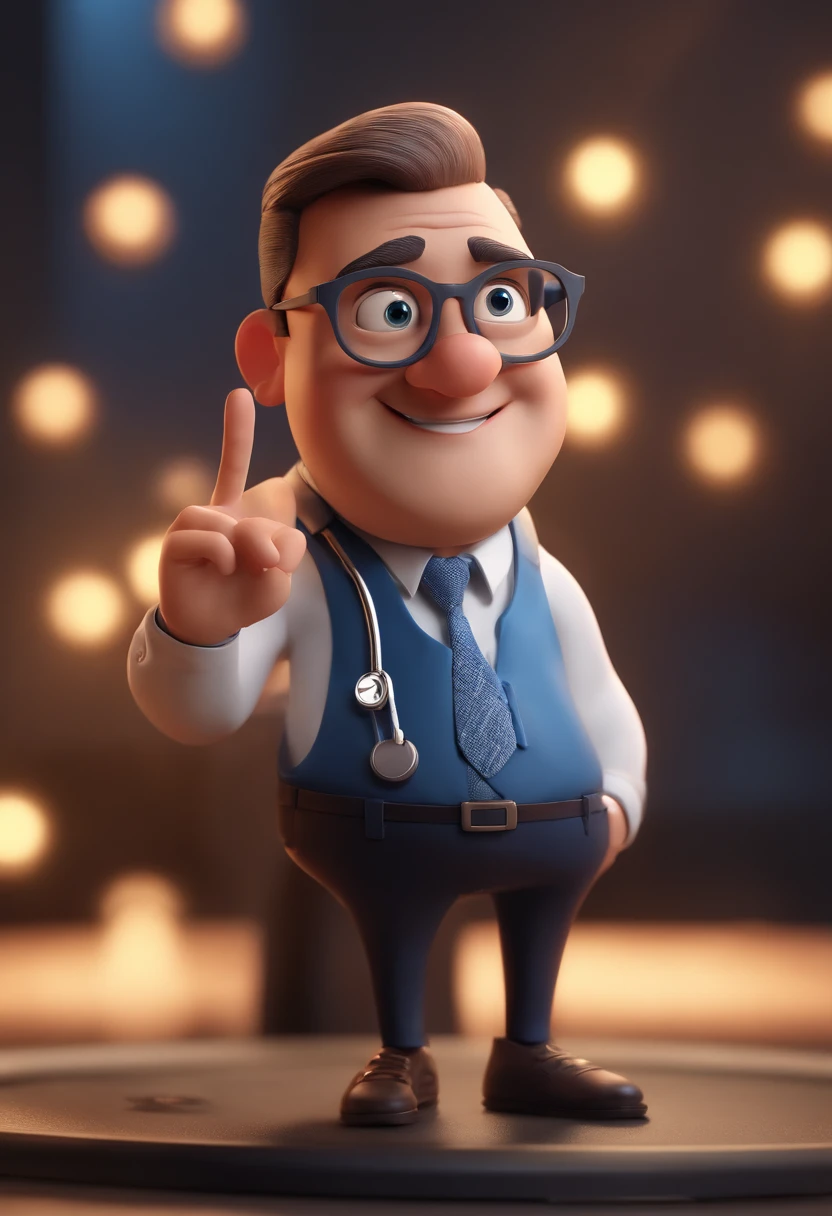 Cartoon character of a man with black glasses and a blue shirt, animation character, Caractere estilizado, animation style rendering, 3D estilizado, Arnold Maya render, 3 d render stylized, toon render keyshot, Personagem 3D, Personagem 3D, 3d rendering stylized, 3 d character render, personagem de desenho animado, Personagem de close up, Pose de personagem, (Estilo Pixar) (master part:1.2) (Bokeh) (best quality) (pele detalhada) (textura detalhada) (8k) (argila) (Cinematic lighting) (foco nítido, Doctor with very large middle finger