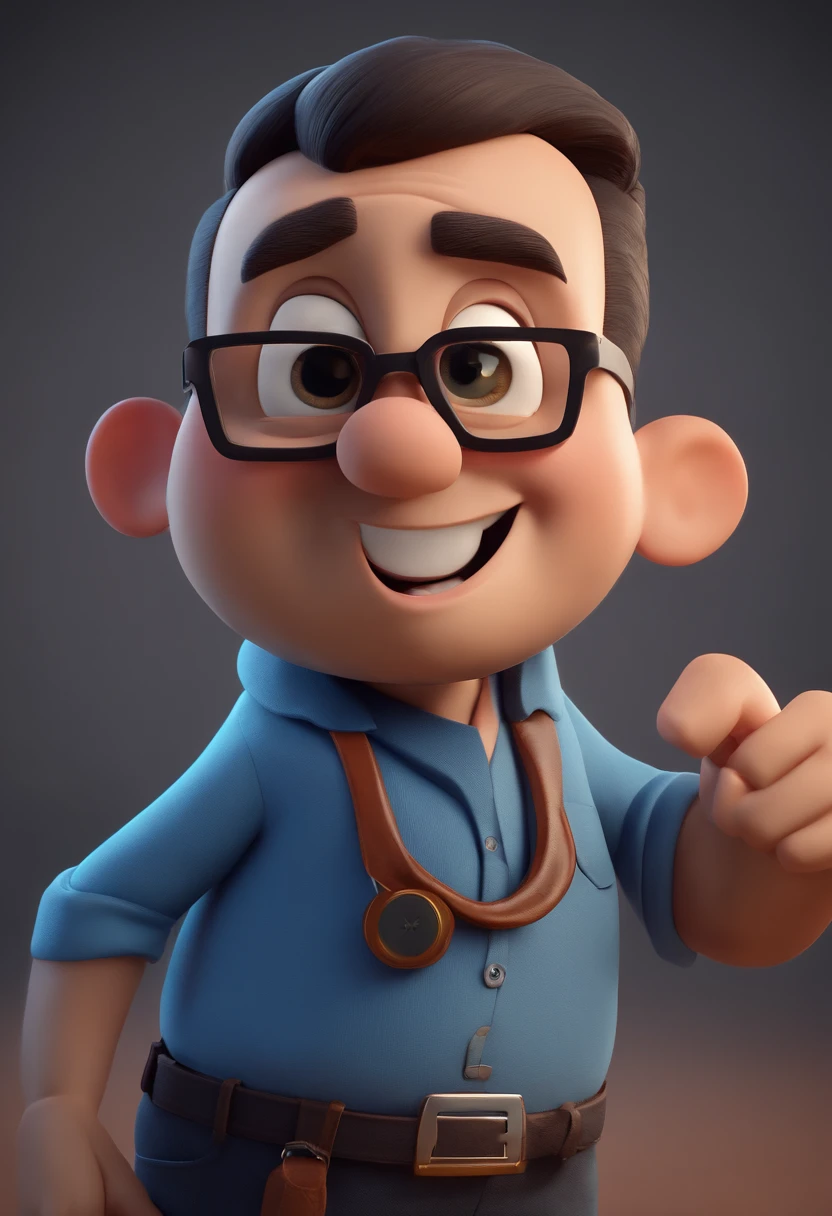 Cartoon character of a man with black glasses and a blue shirt, animation character, Caractere estilizado, animation style rendering, 3D estilizado, Arnold Maya render, 3 d render stylized, toon render keyshot, Personagem 3D, Personagem 3D, 3d rendering stylized, 3 d character render, personagem de desenho animado, Personagem de close up, Pose de personagem,  (Estilo Pixar) (master part:1.2) (Bokeh) (best quality) (pele detalhada) (textura detalhada) (8k) (argila) (Cinematic lighting) (foco nítido, Doctor with very large middle finger