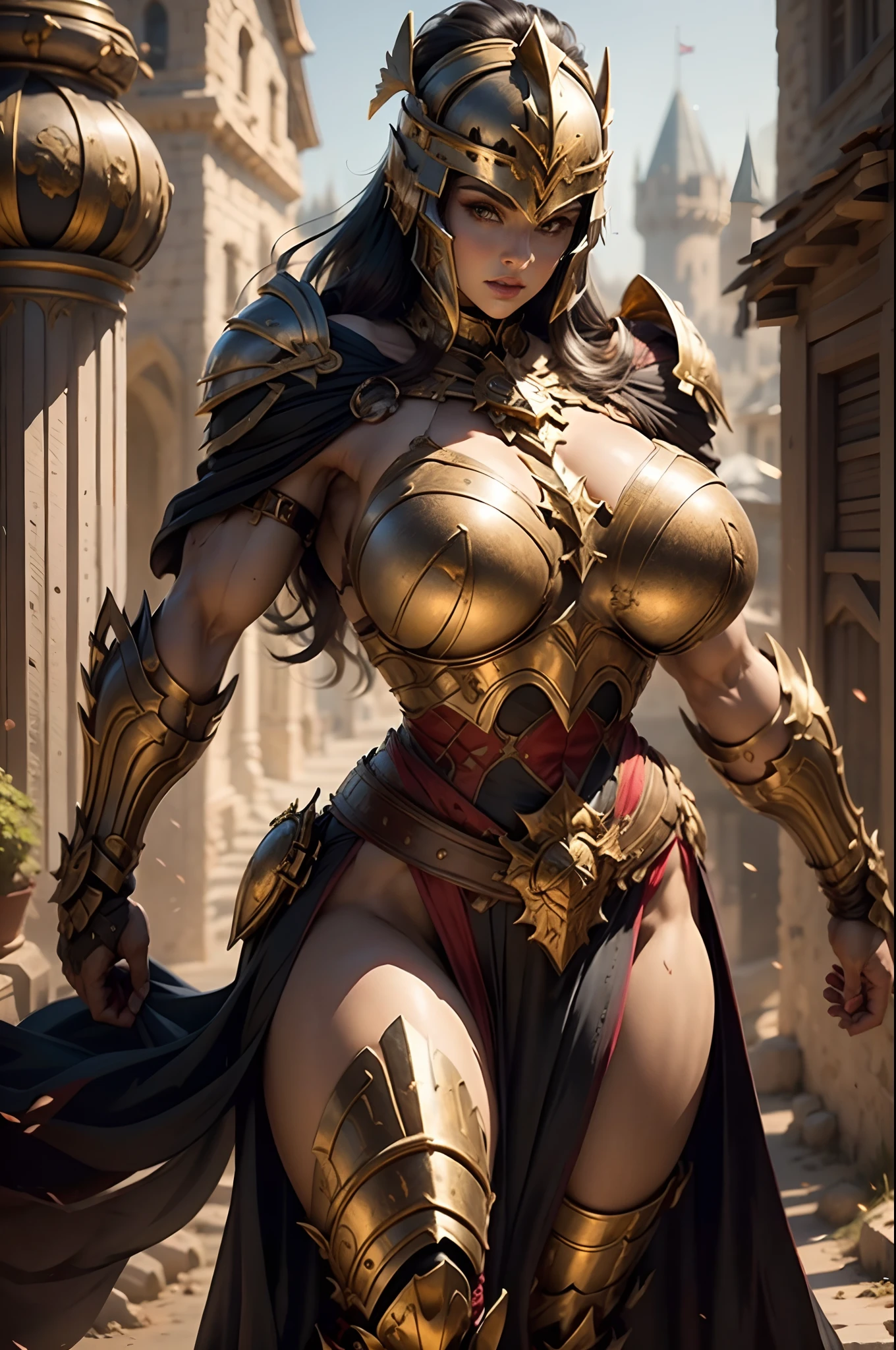 a beautiful golden-greek-armored warrioress, jet-black hair, hoplite helmet, muscular, huge and heavy breasts, looking at viewer, modelshot pose, masterpiece, best quality, 8k, blurred background, medieval fantasy castle in the background