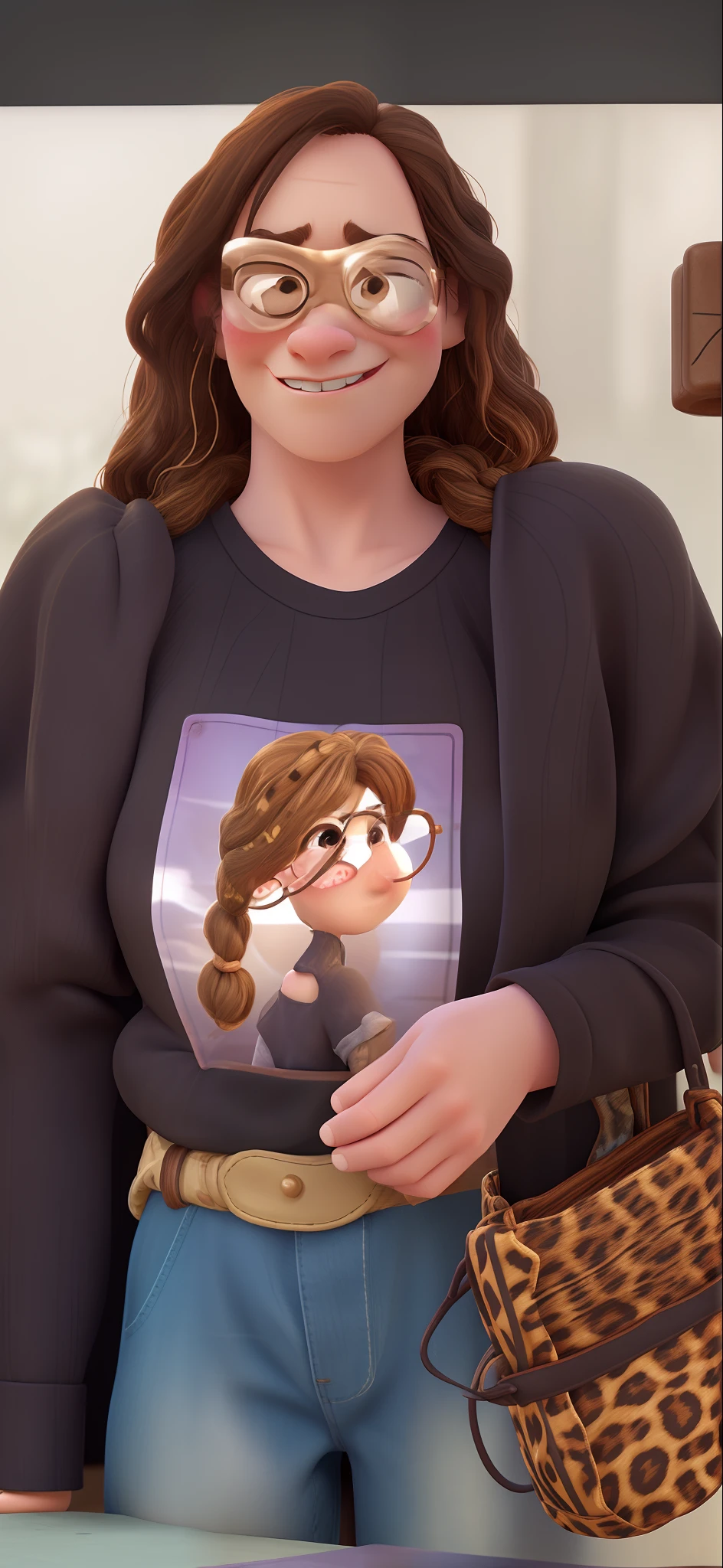 Create a Pixar Disney-style image and make an image of an artisan woman with hair on her shoulder, the hair is platinum but in light brown tones with disguised highlights, wears oval leopard glasses and will be wearing a leopard dress with spaghetti straps , She has a somewhat long nose, thin lips, small black eyes, Square face, she must be displaying her products such as handmade soaps on a table, she is not thin and a 50-year-old woman