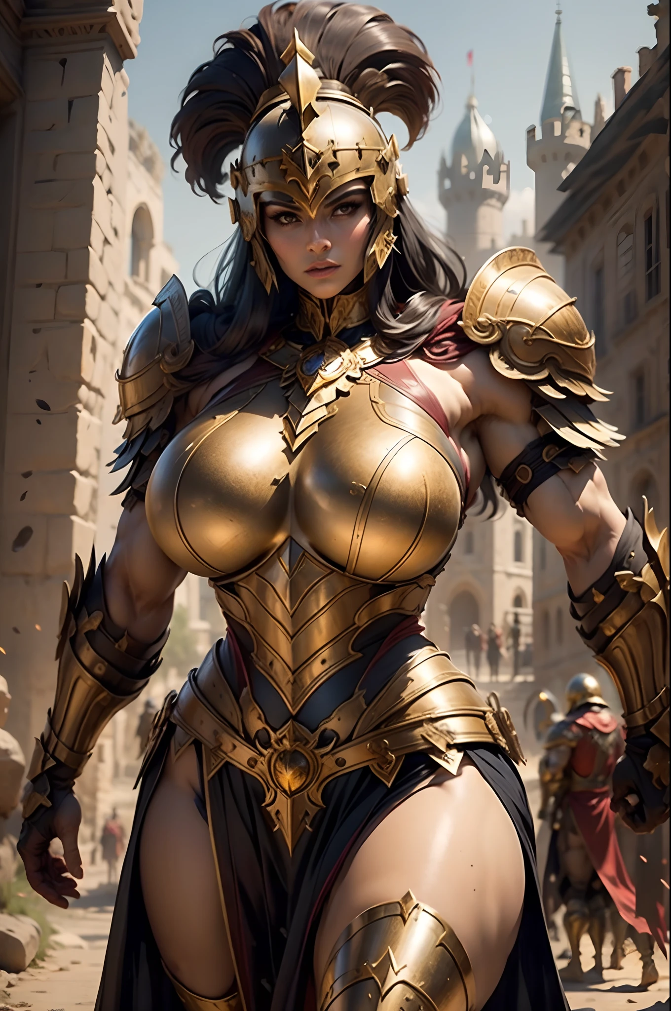 a beautiful golden-greek-armored warrioress, jet-black hair, hoplite helmet, muscular, huge and heavy breasts, looking at viewer, modelshot pose, masterpiece, best quality, 8k, blurred background, medieval fantasy castle in the background