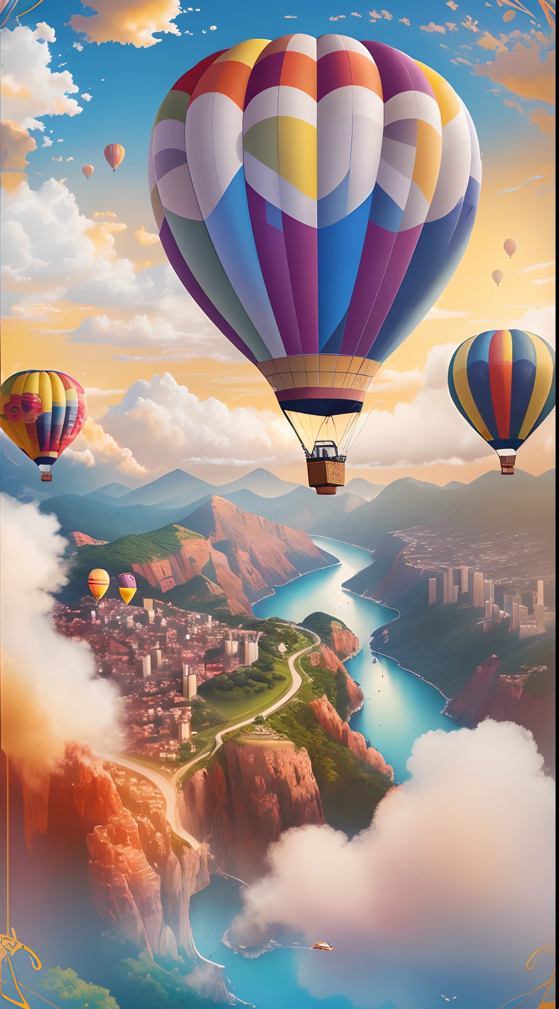 A Hot Air Balloon, colorful illustrations, floating in the sky, breathtaking scenery, aerial view, vibrant colors, dreamlike atmosphere, magical journey, people looking up in awe, joyful and festive mood, sunny day, blue sky, puffy clouds, adventure, wanderlust, travel, exploration, peaceful and serene, tranquil experience, uplifting and inspiring, freedom of flight, making memories, advertising campaign, attracting attention, promoting a product or service, remarkable visuals, captivating images, high-quality graphics, professional artwork