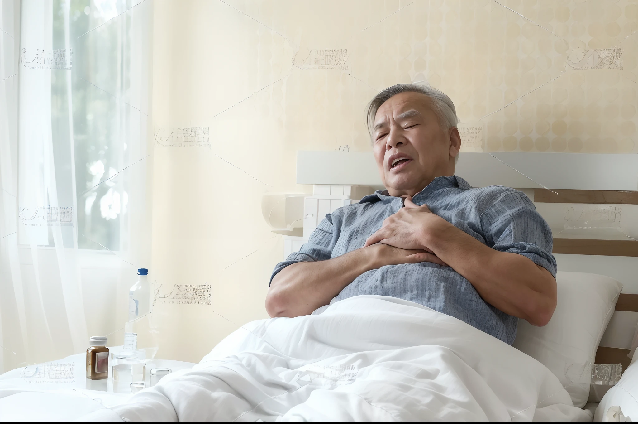 (best quality,4k,8k,highres,masterpiece:1.2),ultra-detailed,(realistic,photorealistic,photo-realistic:1.37), oil painting, elderly Asian man lying on the bed, painful expression, hands covering chest, panoramic view, pill bottles on bedside cabinet, high quality lighting, professional, vivid colors, soft color palette