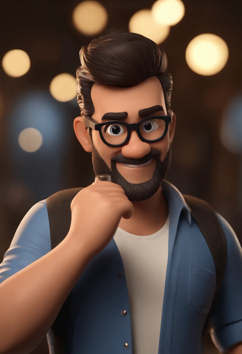 Cartoon character of a man wearing black glasses and a blue shirt, um personagem animado, Caractere estilizado, animation style rendering, 3D estilizado, Arnold Maya render, 3 d render stylized, toon render keyshot, Personagem 3D, Personagem 3D, 3d rendering stylized, 3 d character render, personagem de desenho animado, Personagem de close up, Pose de personagem, (Estilo Pixar) (master part:1.2) (Bokeh) (best quality) (pele detalhada) (textura detalhada) (8k) (argila) (Cinematic lighting) (foco nítido,Senta e vaza a parte superior do corpo