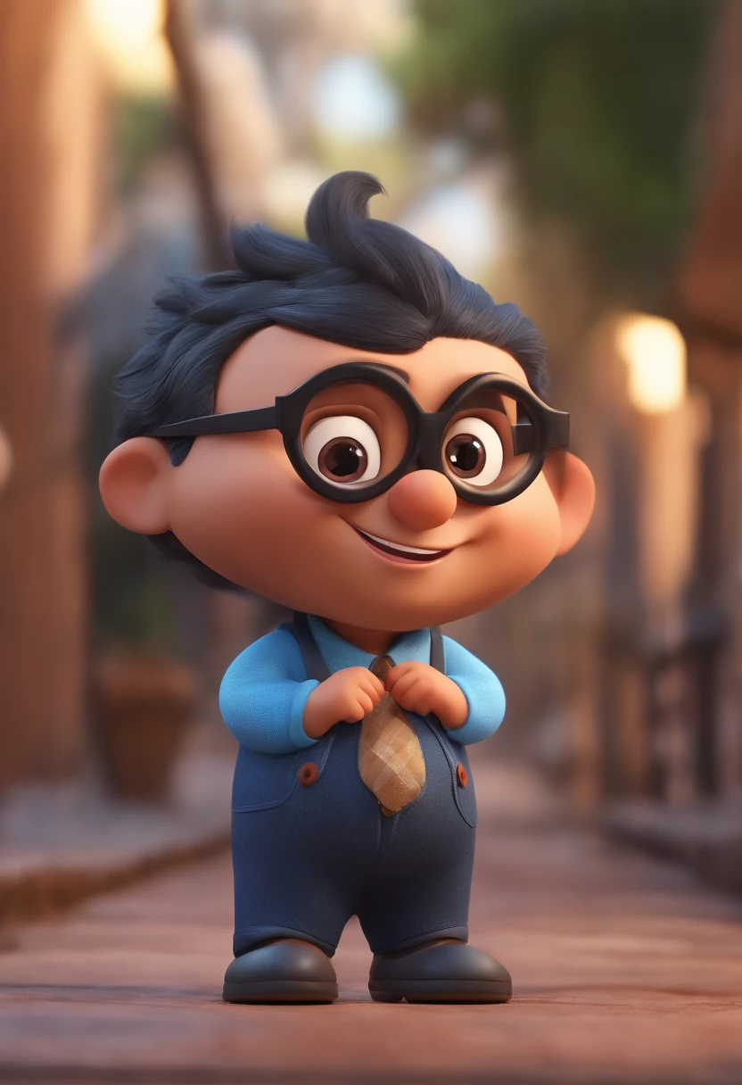 Cartoon character of a man wearing black glasses and a blue shirt, um personagem animado, Caractere estilizado, animation style rendering, 3D estilizado, Arnold Maya render, 3 d render stylized, toon render keyshot, Personagem 3D, Personagem 3D, 3d rendering stylized, 3 d character render, personagem de desenho animado, Personagem de close up, Pose de personagem, (Estilo Pixar) (master part:1.2) (Bokeh) (best quality) (pele detalhada) (textura detalhada) (8k) (argila) (Cinematic lighting) (foco nítido,Senta e vaza a parte superior do corpo