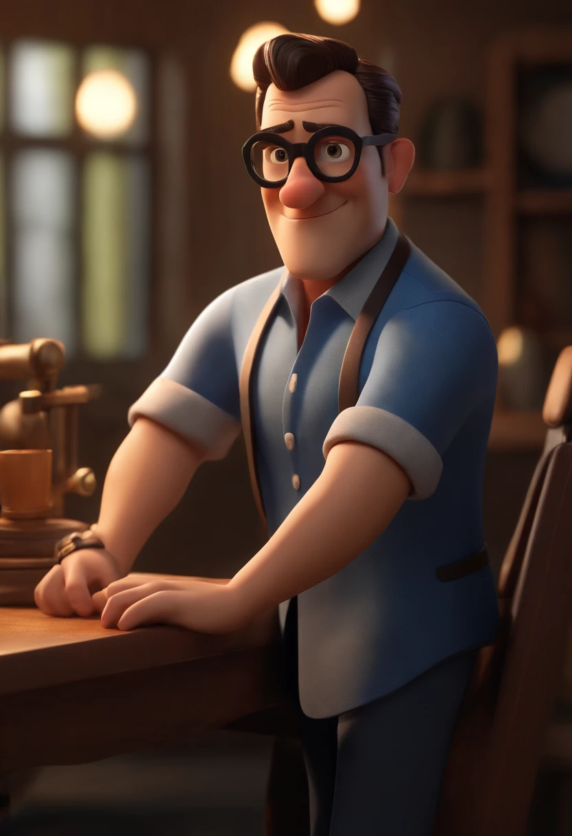 Cartoon character of a man wearing black glasses and a blue shirt, um personagem animado, Caractere estilizado, animation style rendering, 3D estilizado, Arnold Maya render, 3 d render stylized, toon render keyshot, Personagem 3D, Personagem 3D, 3d rendering stylized, 3 d character render, personagem de desenho animado, Personagem de close up, Pose de personagem, (Estilo Pixar) (master part:1.2) (Bokeh) (best quality) (pele detalhada) (textura detalhada) (8k) (argila) (Cinematic lighting) (foco nítido，Senta e vaza a parte superior do corpo