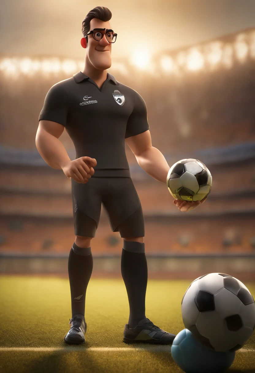 personagem dos desenhos animados de um homem magro, with black glasses and a black shirt, animation character, with a camera, trabalhando em uma partida de soccer, Caractere estilizado, animation style rendering, 3D estilizado, Arnold Maya render, 3 d render stylized, toon render keyshot, Personagem 3D, Personagem 3D, 3d rendering stylized, 3 d character render, personagem de desenho animado, Personagem de close up, Pose de personagem, (Estilo Pixar) (master part:1.2) (Bokeh) (best quality) (pele detalhada) (textura detalhada) (8k) (argila) (Cinematic lighting) (foco nítido