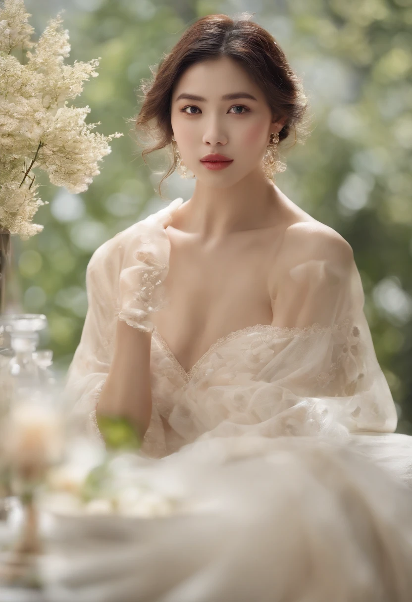 (masterpiece, best quality:1.5), highest quality, High resolution, super detailed, Realists, Upper body photo of a brunette young magical girl, detailed and beautiful eyes, beautiful detailed lips, very detailed eyes and face, longeyelashes, white satin wedding dress, Holding a magic wand in your hand, Cast a transformation spell, With her magic wand she transforms a basket of stones into a fruit bowl, Glowing wands available,Beautiful and colorful makeup, elegant and noble々The jewelry bag, Gardens as background, soft daylight, bright colors, fine brushstrokes, Portrait style, Silk dress fabric, beautiful color palette, glowing skin, First-class rendering, that captures every detail, enchanting atmosphere, subtle shadows and lights, (perfect anatomy:1.2), (The stunning magical girl in a wedding dress turns stones into fruit, Fruit bowl on a table(a transformation with the magic wand:1.4), (magnificent panorama view:1.2)