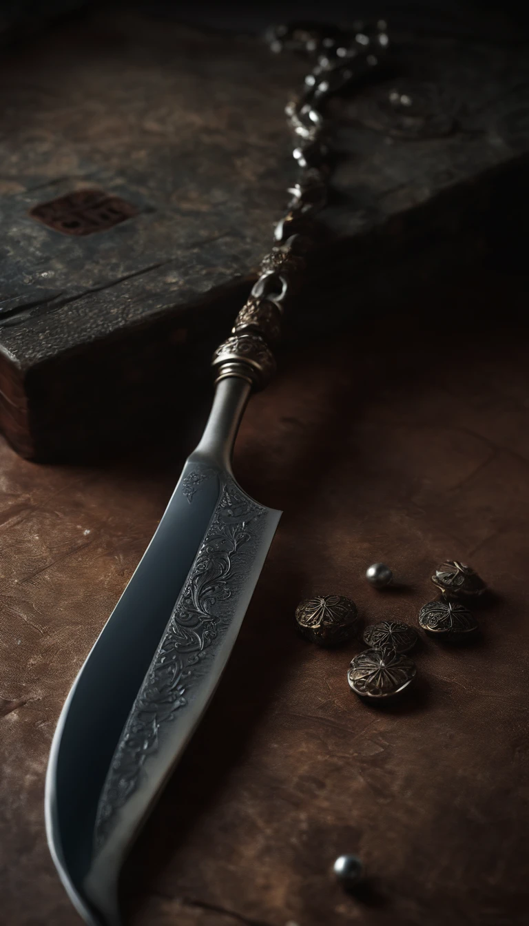 (Destacado、profissional、surreal)、espada detalhada, Espada longa, Duan Ping, metal texture, lying on floor