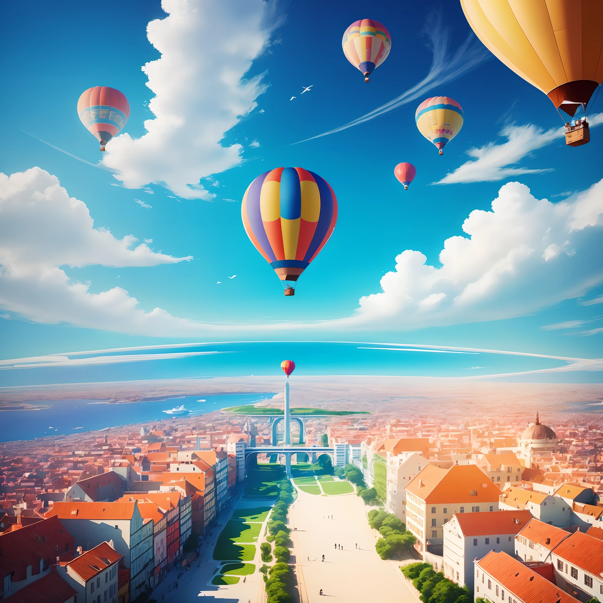 A Hot Air Balloon, colorful illustrations, floating in the sky, breathtaking scenery, aerial view, vibrant colors, dreamlike atmosphere, magical journey, people looking up in awe, joyful and festive mood, sunny day, blue sky, puffy clouds, adventure, wanderlust, travel, exploration, peaceful and serene, tranquil experience, uplifting and inspiring, freedom of flight, making memories, advertising campaign, attracting attention, promoting a product or service, remarkable visuals, captivating images, high-quality graphics, professional artwork