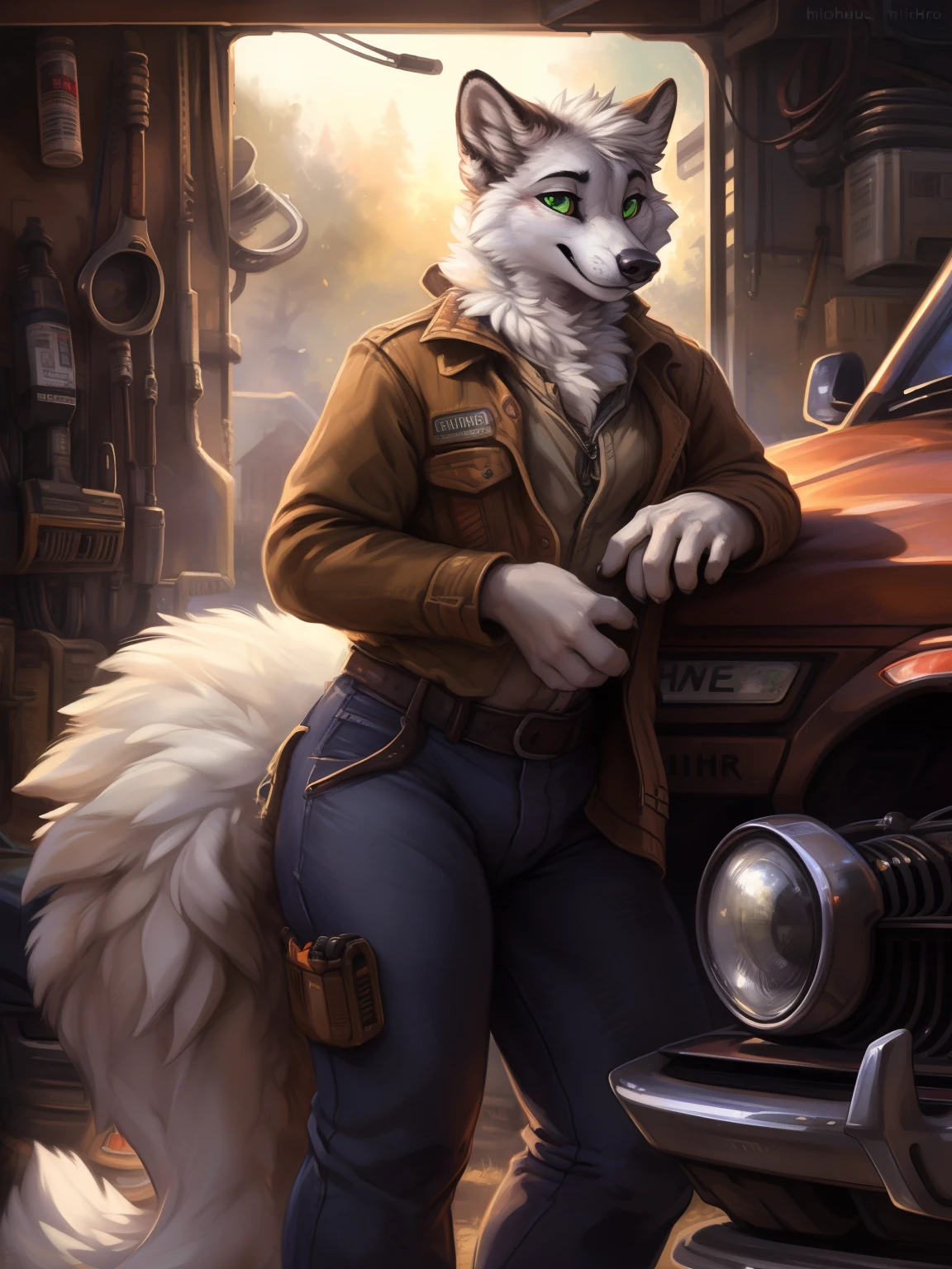 (by hioshiru and kenket and dimwitdog, Michael &amp; Inessa Garmash, Ruan Jia, Pino Daeni, Chunie), Arctic fox green eyes, black pupils, white Sclera, handsome, cinematic, fluffy, tail, big tail, mane, pinup, chubby, smiling, mechanic outfit, thick tail, dilf, garage background, leaning against car, engine bay, under hood, towl on neck, thick thighs,huge thighs, wide hips