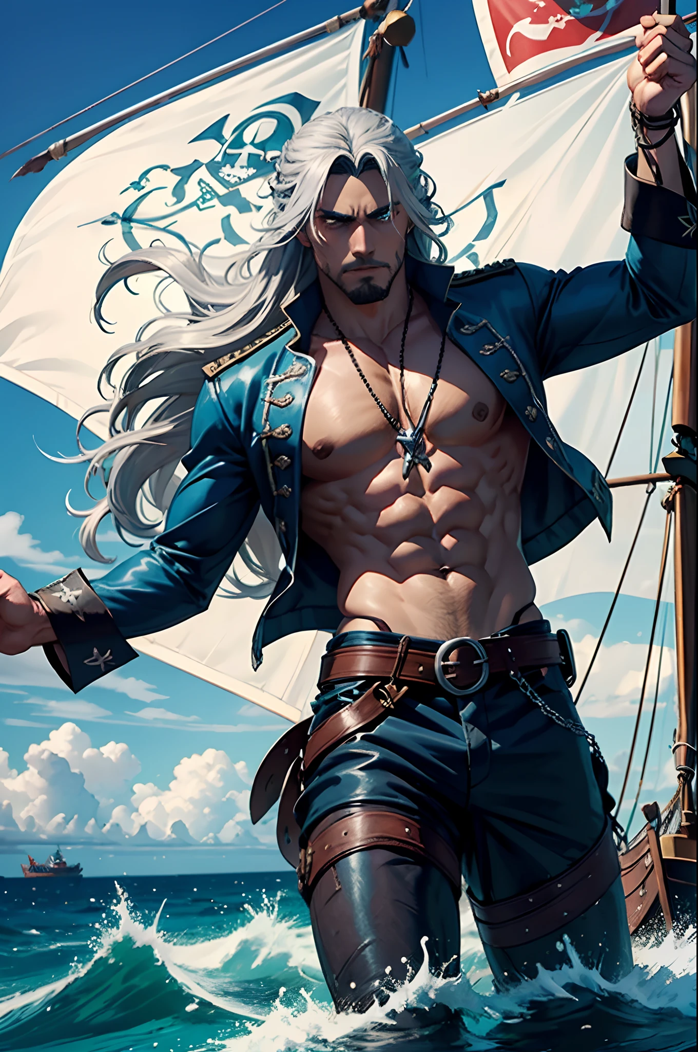 Long silver hair, pirate, muscular man, manly, (blue skin: 2.5), pirate flags, ship, lightning and storm in the sea,
