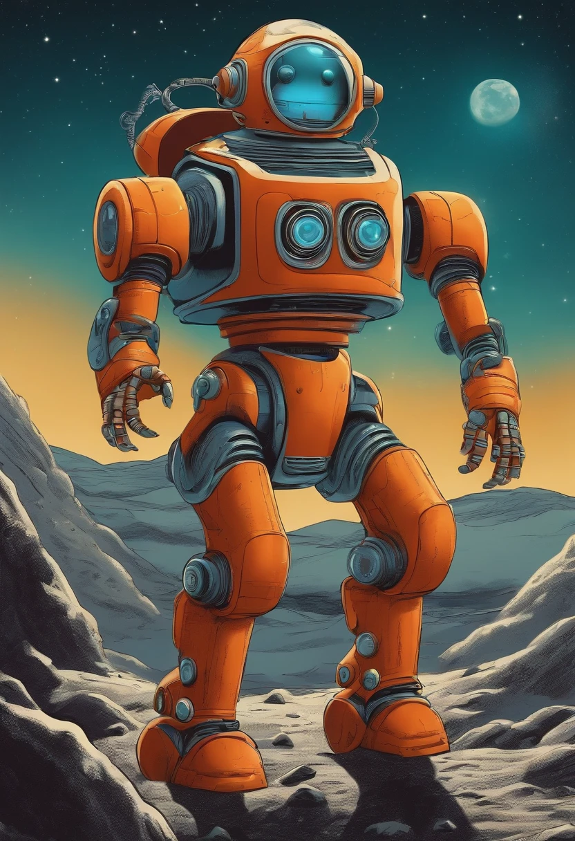 robot on the moon, vintage, cartoon
