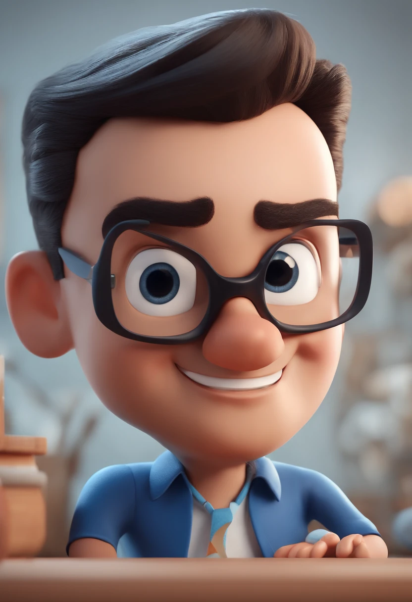 Cartoon character of a man with black glasses and a blue shirt, animation character, Caractere estilizado, animation style rendering, 3D estilizado, Arnold Maya render, 3 d render stylized, toon render keyshot, Personagem 3D, Personagem 3D, 3d rendering stylized, 3 d character render, personagem de desenho animado, Personagem de close up, Pose de personagem,  (Estilo Pixar) (master part:1.2) (Bokeh) (best quality) (pele detalhada) (textura detalhada) (8k) (argila) (Cinematic lighting) (foco nítido