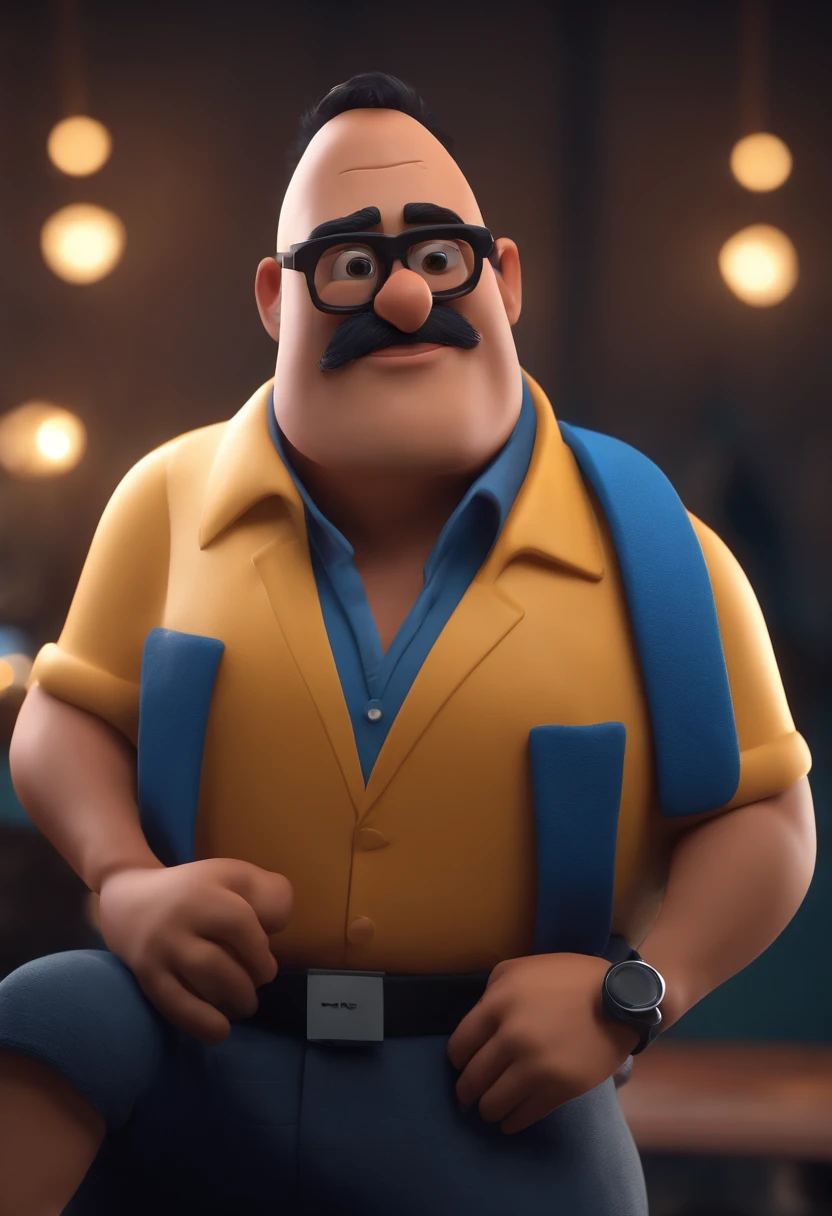 Cartoon character of a man with black glasses and a blue shirt, animation character, Caractere estilizado, animation style rendering, 3D estilizado, Arnold Maya render, 3 d render stylized, toon render keyshot, Personagem 3D, Personagem 3D, 3d rendering stylized, 3 d character render, personagem de desenho animado, Personagem de close up, Pose de personagem,  (Estilo Pixar) (master part:1.2) (Bokeh) (best quality) (pele detalhada) (textura detalhada) (8k) (argila) (Cinematic lighting) (foco nítido