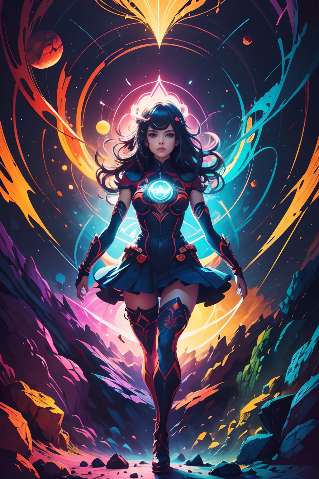 digital drawing style, super colors, vibrant colors, diffuse lighting, rock show, pleasant atmosphere, fun, anime style, great show, super detailed, hand-drawn, symmetry, no anomalies.
