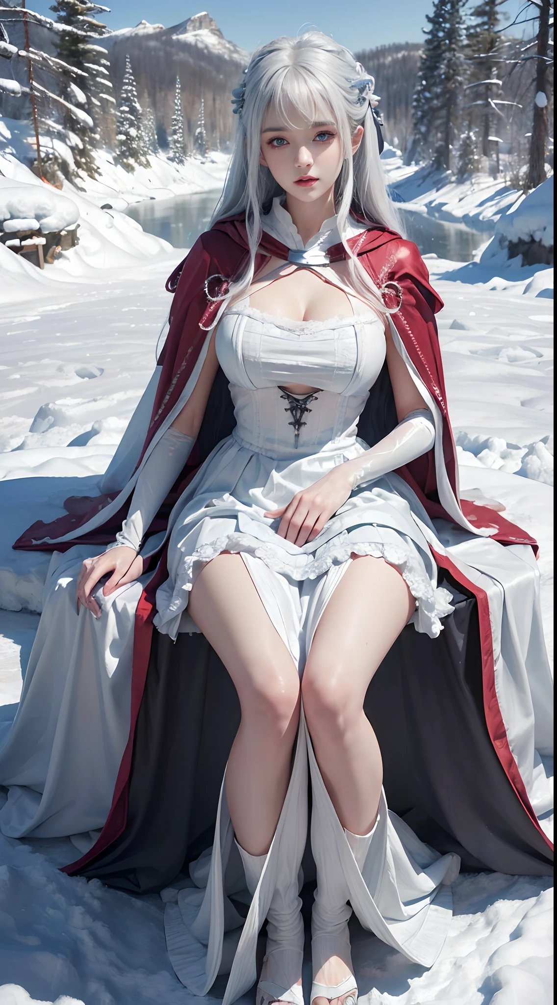 (8K, RAW photo, Photorealistic:1.4), high resolution, 1 Women, Solo,。.。.。.。.。.3D, Hips up,(Lolita costume),Wear a flowing skirt, Beautiful eyes, White hair, ringed eyes, (sitted,Cloak,Heavy snow),snowfield,(full bodyesbian:1.5)