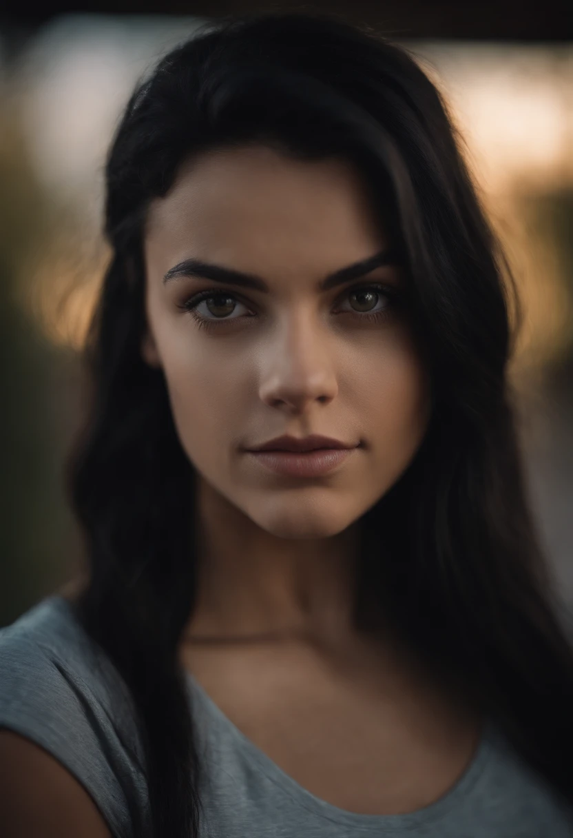 Very pretty 22 year old black haired girl in a t-shirt looking straight at the camera