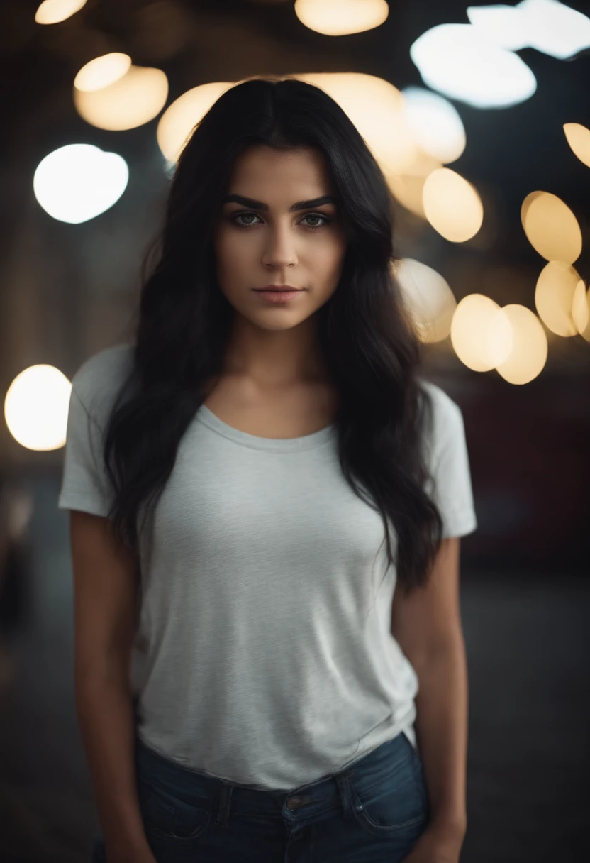 Very pretty 22 year old black haired girl in a t-shirt looking straight at the camera