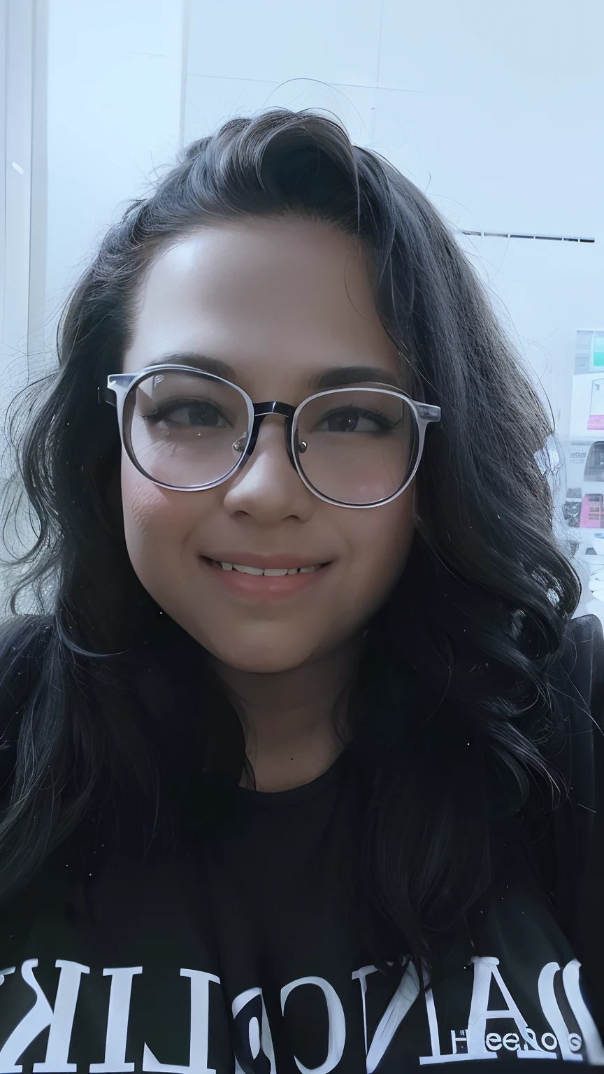 there is a woman with glasses and a black shirt smiling, foto de perfil headshot, wavy long black hair and glasses, foto de uma mulher negra, Alexis Franklin, foto headshot, wearing black rimmed glasses, taken in the early 2020s, close-up headshot, thick glasses, foto do perfil, imagem profissional, Violeta Myers, girl wearing round glasses