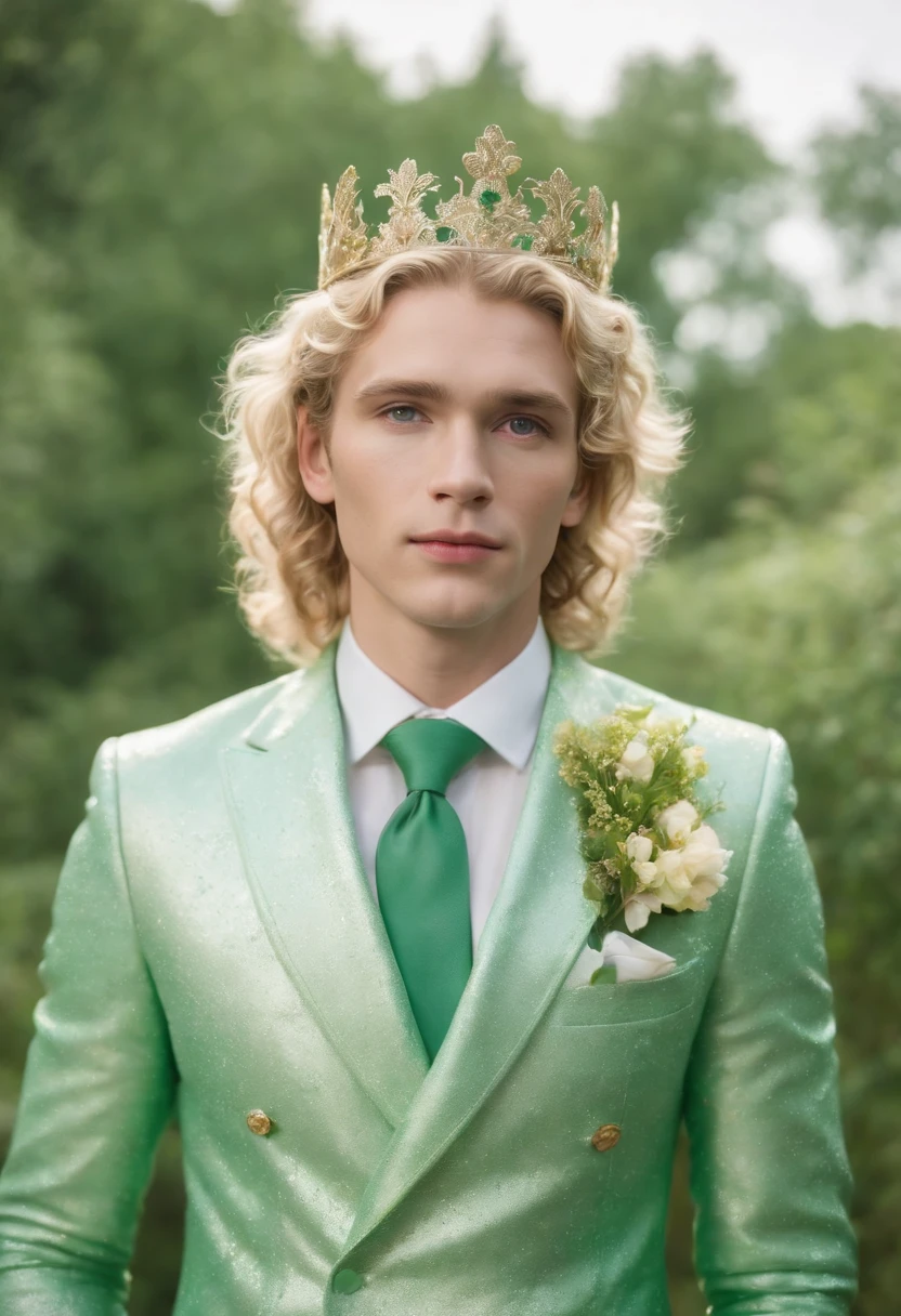 A man in a sparkly light green suit covered in flowers with curly blonde hair, bright green eyes, and a tall golden tiara covered in emerald
