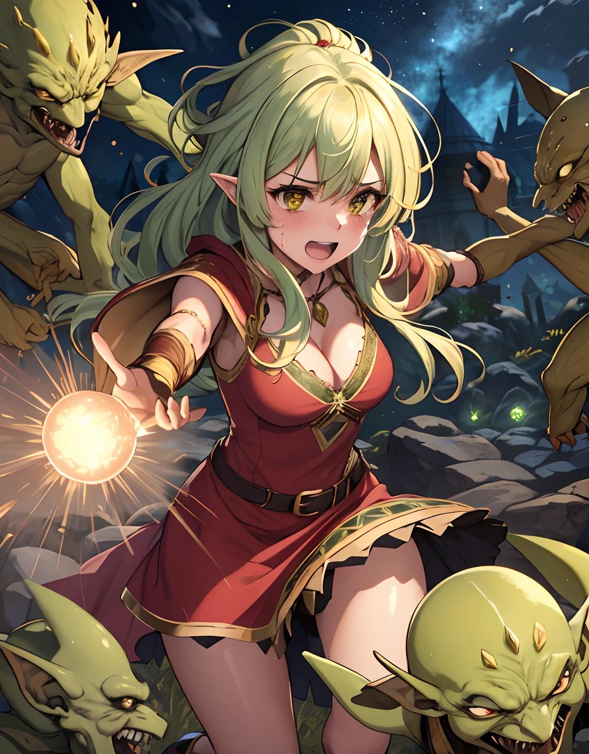 1 mature female,25yo,(female wizard surrounded and attacked by multiple goblins during a battle),goblin,monster,green skin,(red blush,crying),((gorgeous wizard dress)),(attacking magic),dynamic pose,dynamic angle