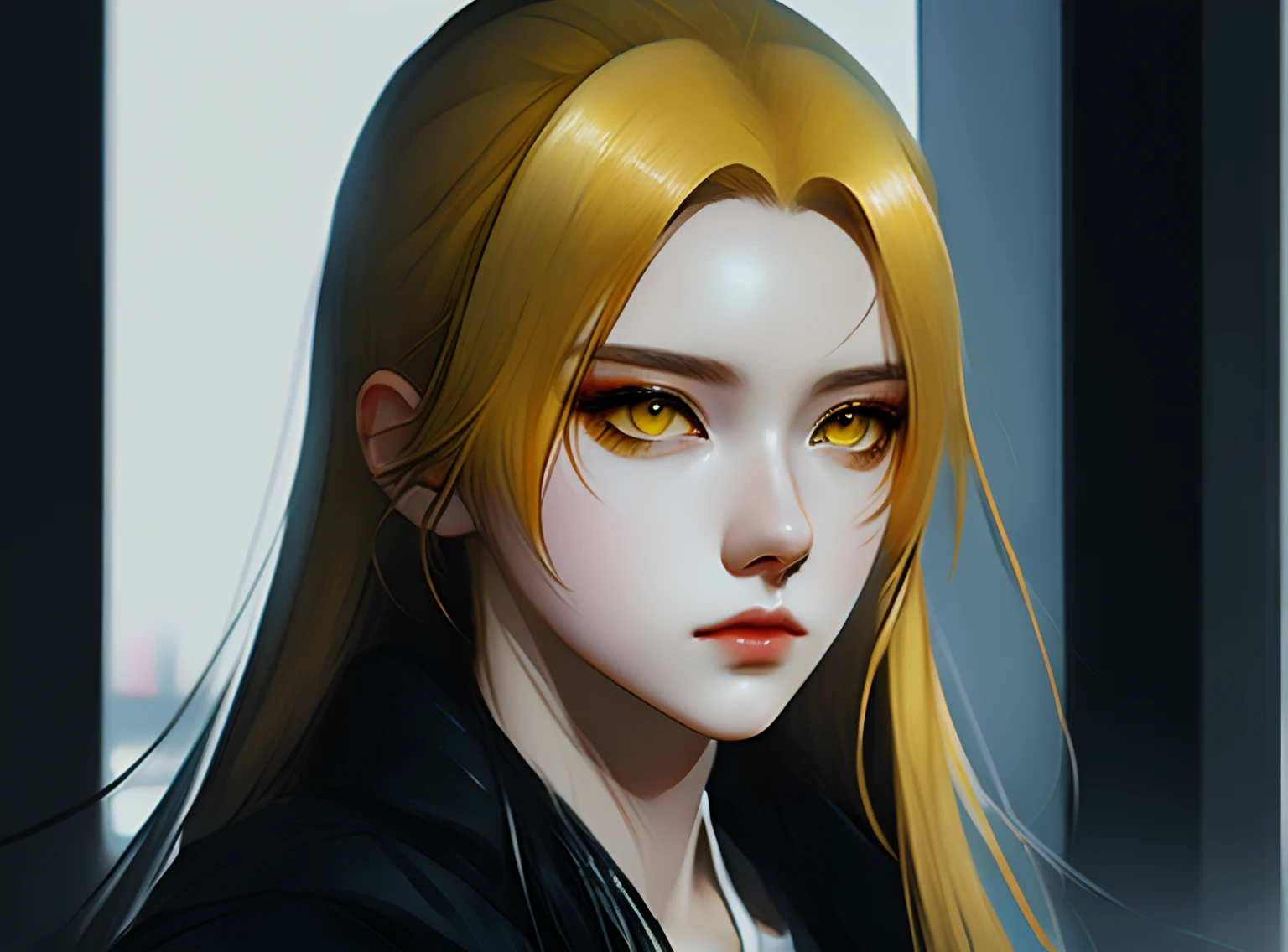 Young woman, modern fashion, anime, yellow eyes, nervous