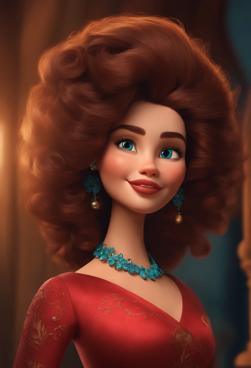 Create a Disney PIXAR-style 3D poster. Mulher brasileira, loira,cabelo comprido,magra e elegante