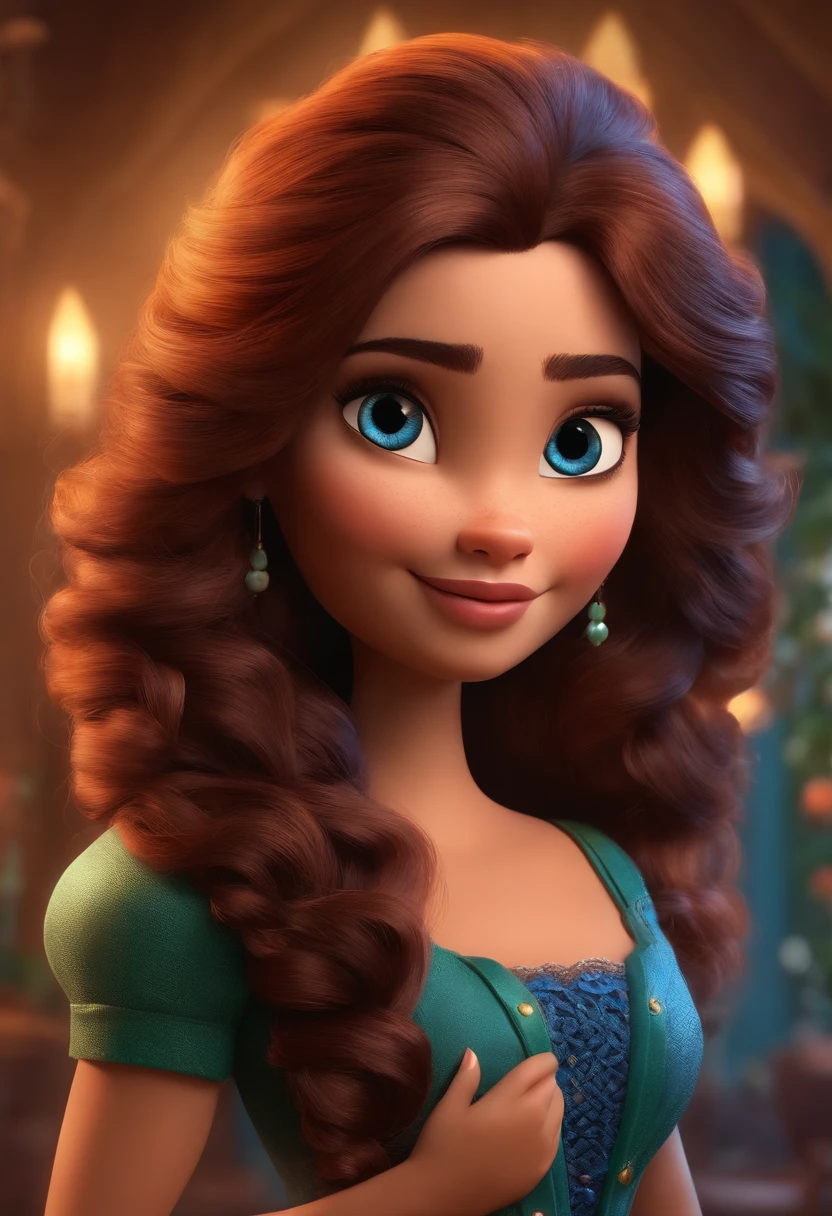 Create a Disney PIXAR-style 3D poster. Mulher brasileira, loira,cabelo comprido,magra e elegante