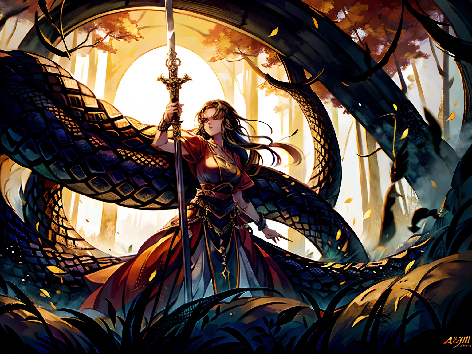 ln the forest,the setting sun,It is surrounded by towering trees,The woman is armed with a long sword,There is a puppy behind him,Face the giant python,Capture the intense moments of the epic battle between the brave woman and the giant python,Create breathtaking masterpieces with high-resolution detail, Show the extraordinary bravery and strength of the heroine,She faced the serpent with determination。(Best Picture Quality,4K,A high resolution:1.2),hyper-detailing,realisticlying)