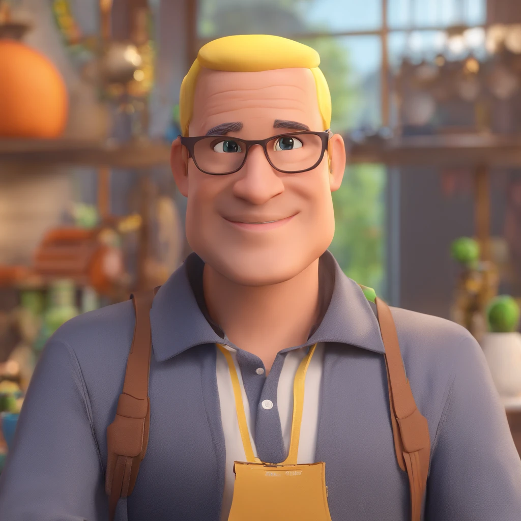 Criar um personagem no estilo Pixar. Trata-se de um homem de 30 anos, com barba, Branco, com cabelos castanhos curtos e um quiff, e olhos castanhos. Ele deve estar na frente de um computador, Trabalhar como designer