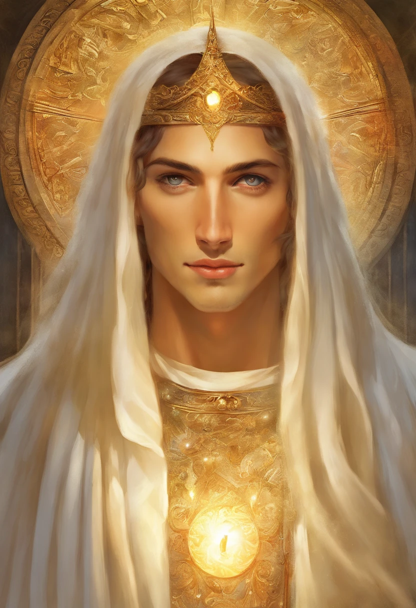 A high-definition portrait of a man's face(( Jesus Cristo)) ((Um homem anjo)), (( o Filho de Deus)), Deus, arte de deus, Deus da mitologia grega, Um retrato impressionante de um deus, Frank Kelly Freas, Estilo Karol Bak, ((beautiful face)), Ultra Definition, melhor qualidade. Olhos de ferro derretido saindo da chama, rosto brilhando como o sol, Longos cabelos brancos e brilhantes preenchendo a imagem, Coming out of the mouth a translucent and bright beam of light, wearing a bright white tunic from the first century with polished gold accents. Olhos fixos no centro da imagem