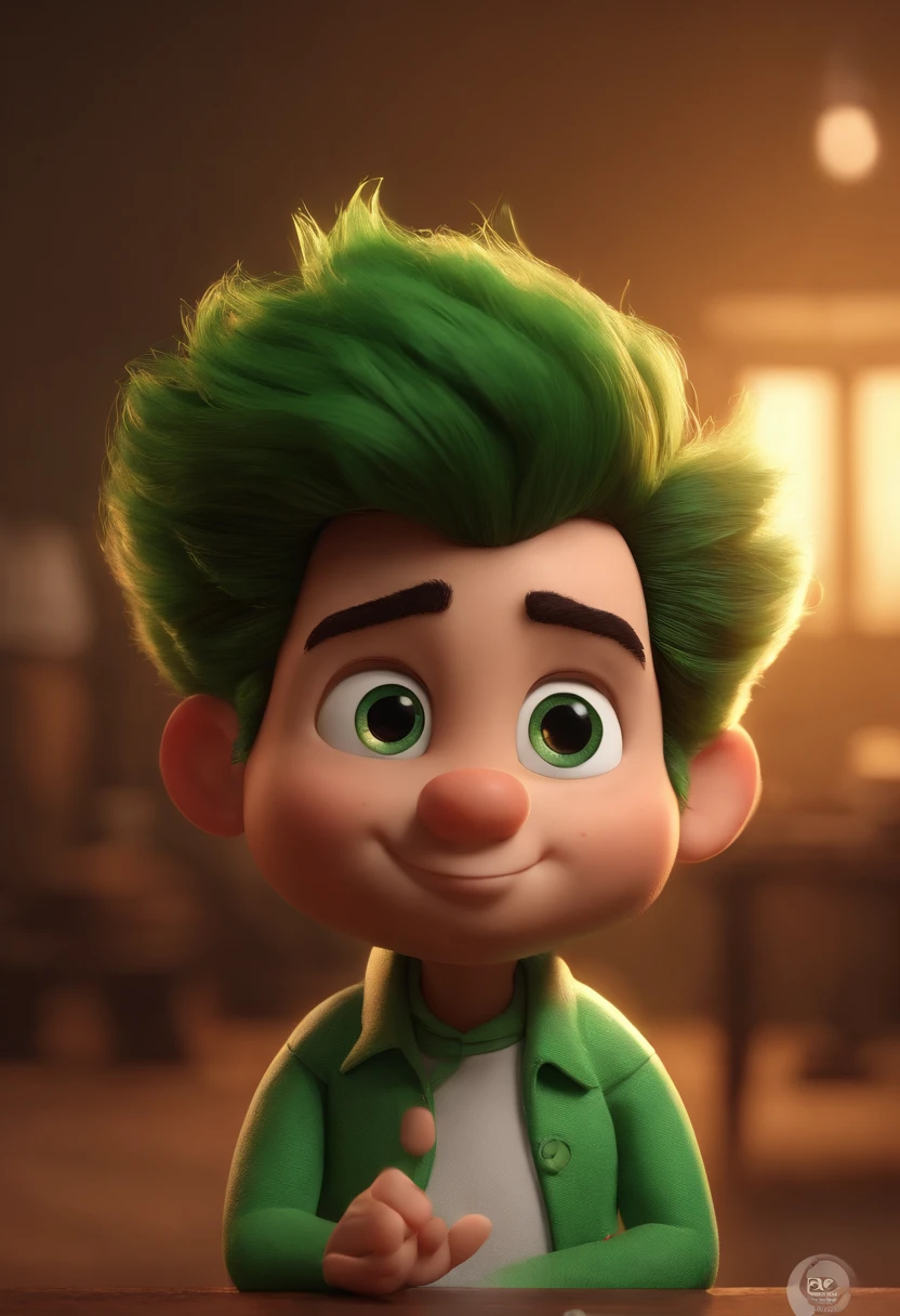 personagem dos desenhos animados de um homem com cabelo curto castanho liso,  uma camisa verde,  In a psychomotor roomAnimation character, Caractere estilizado, animation style rendering, 3D estilizado, Arnold Maya render, 3 d render stylized, toon render keyshot, Personagem 3D, Personagem 3D, 3d rendering stylized, 3 d character render, personagem de desenho animado, Personagem de close up, Pose de personagem,  (Estilo Pixar) (master part:1.2) (Bokeh) (best quality) (pele detalhada) (textura detalhada) (8k) (argila) (Cinematic lighting) (foco nítido